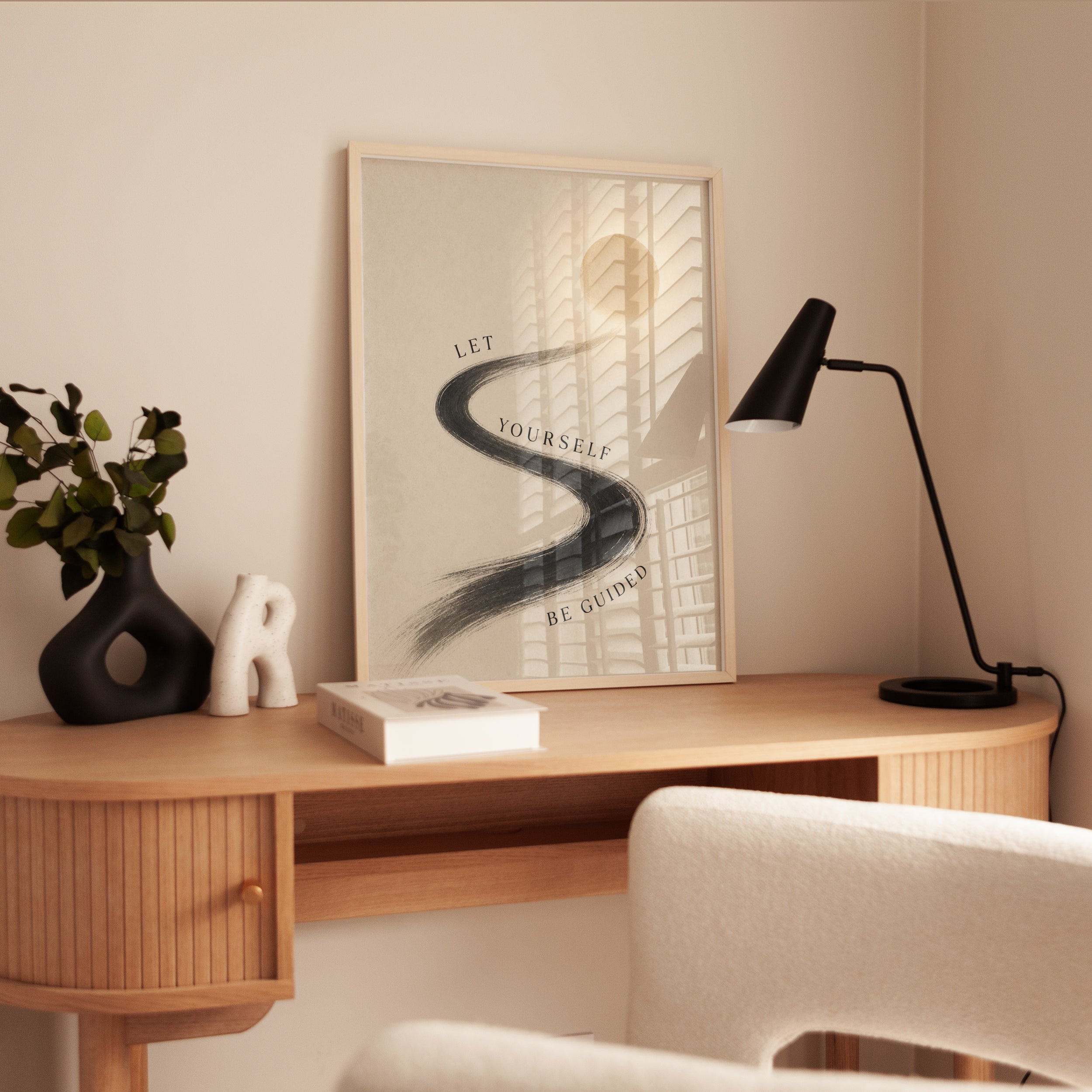 Winding Path Journey Print: Minimalist Beige and Black Wall Art - interior