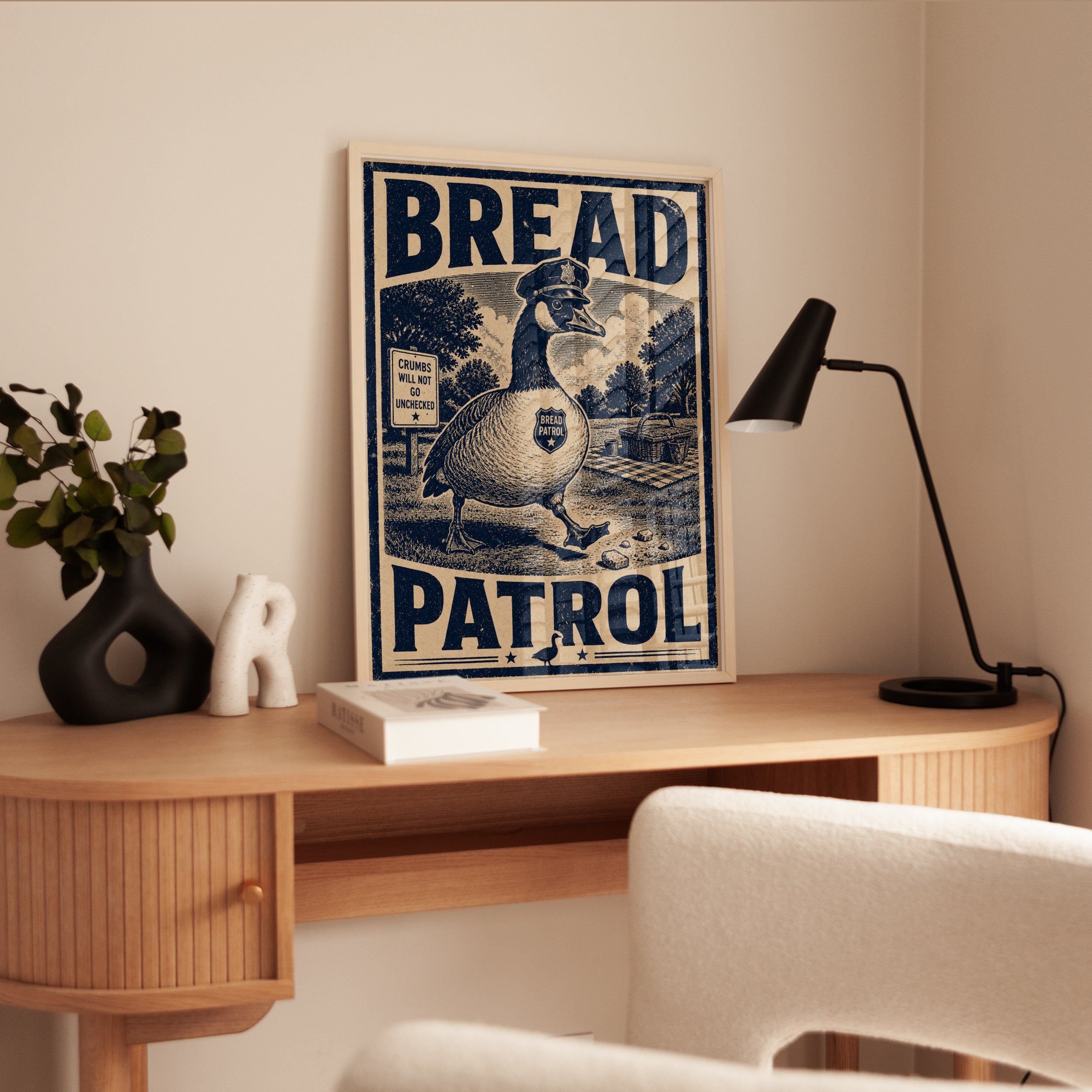 Bread Patrol Duck Poster: Vintage Woodcut Style Art Print - interior