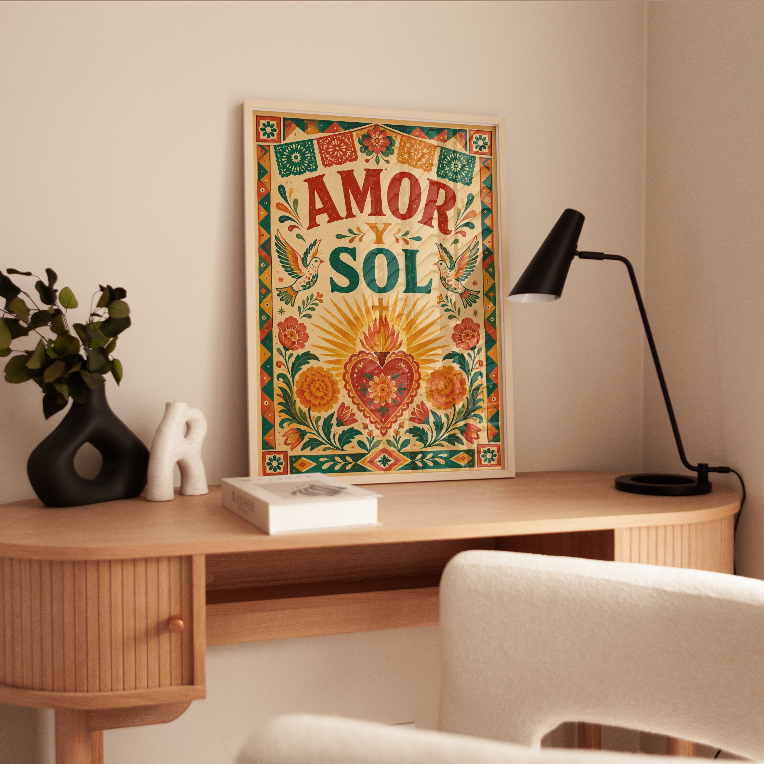 Amor y Sol Folk Art Print: Colorful Floral Heart - interior
