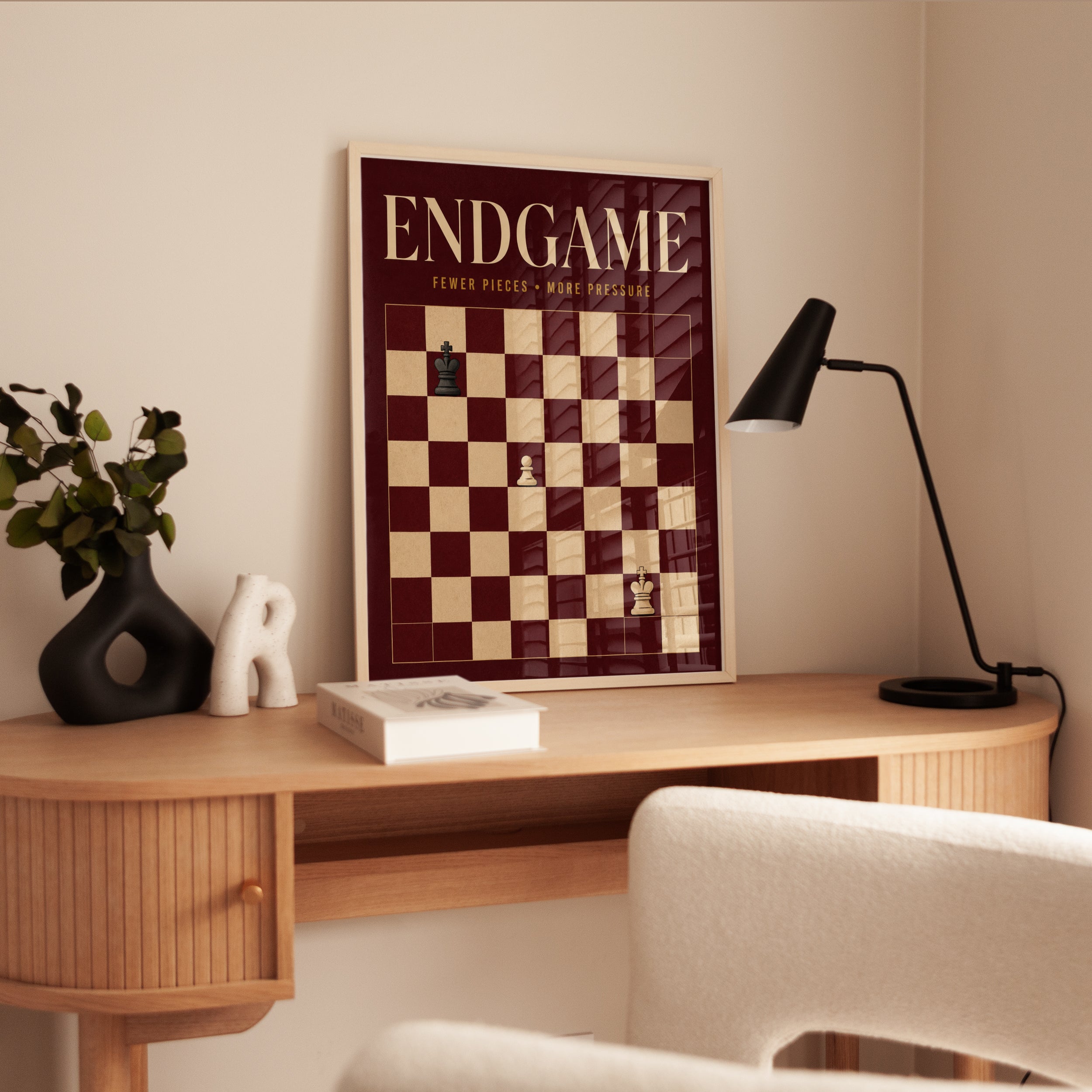 Chess Endgame Poster: Minimalist Burgundy and Cream Design - interior