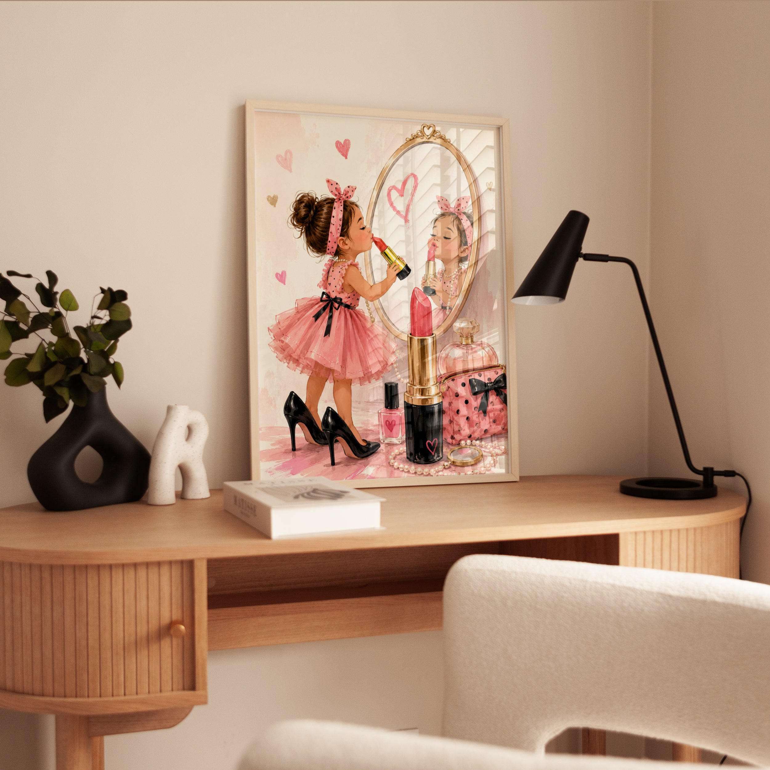 Little Girl with Lipstick Mirror Art Print: Pink Fashion Poster - interior