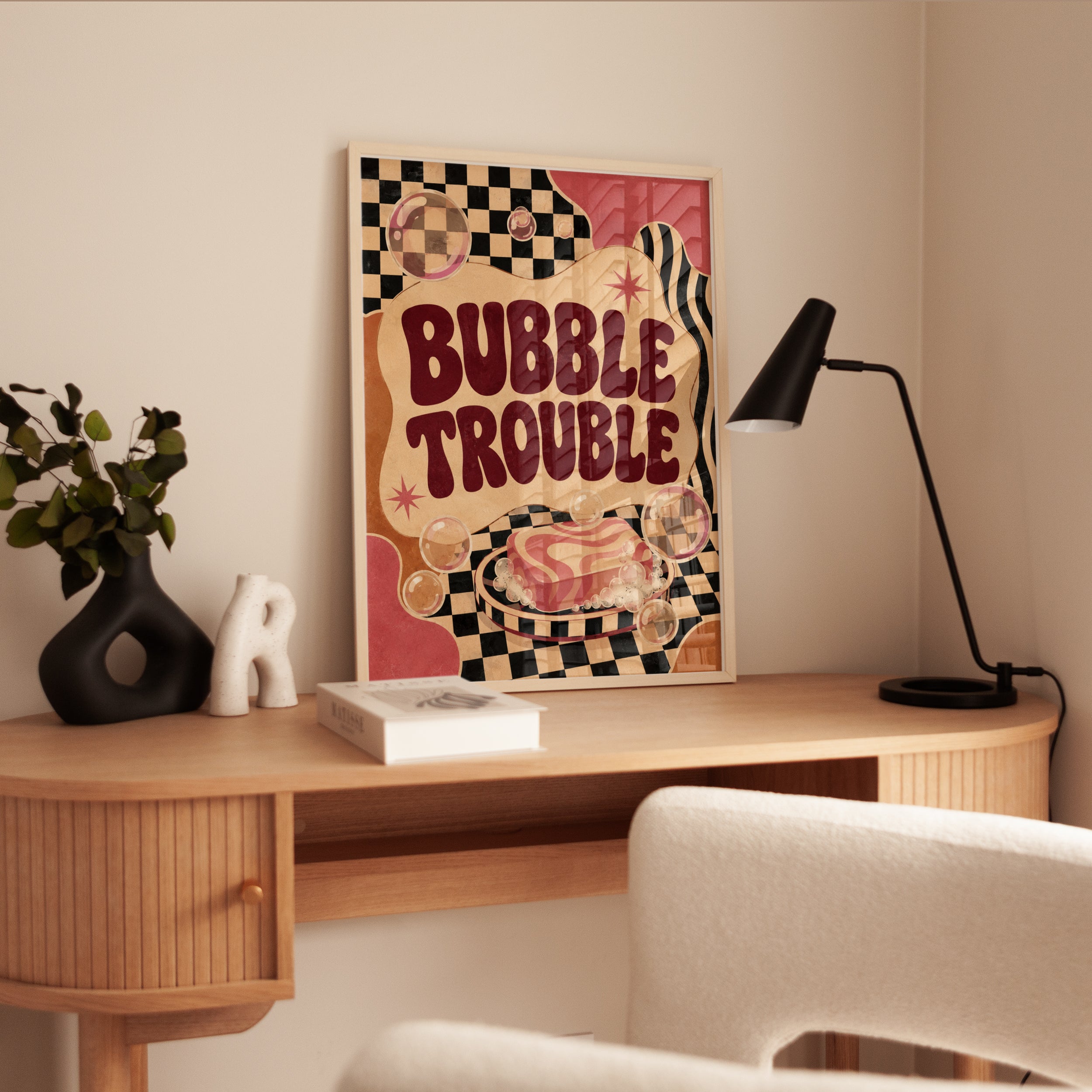 Bubble Trouble Retro Poster: Mid-Century Checkered Wall Art - interior