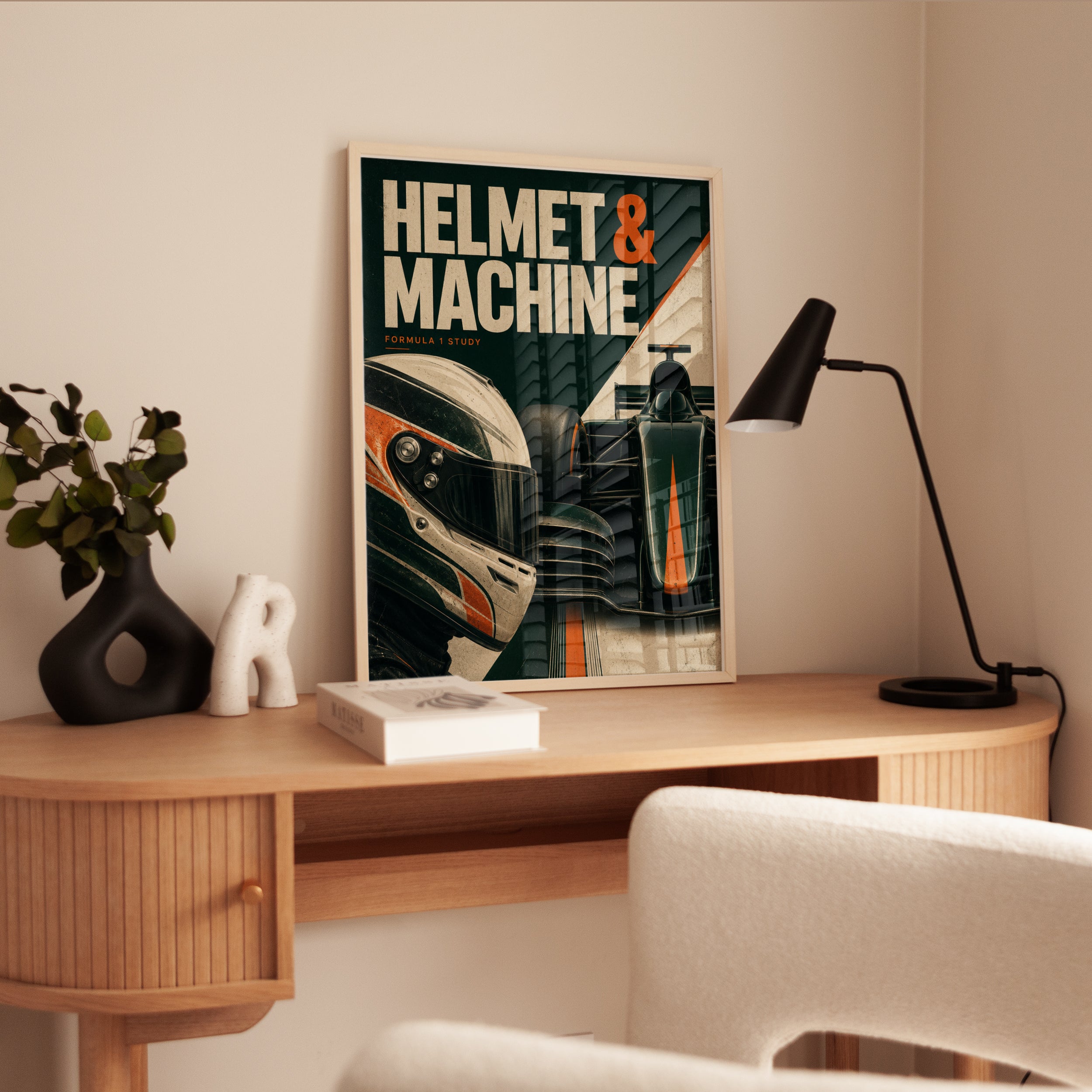 Vintage Formula 1 Racing Poster: Retro Helmet and Car Art - interior
