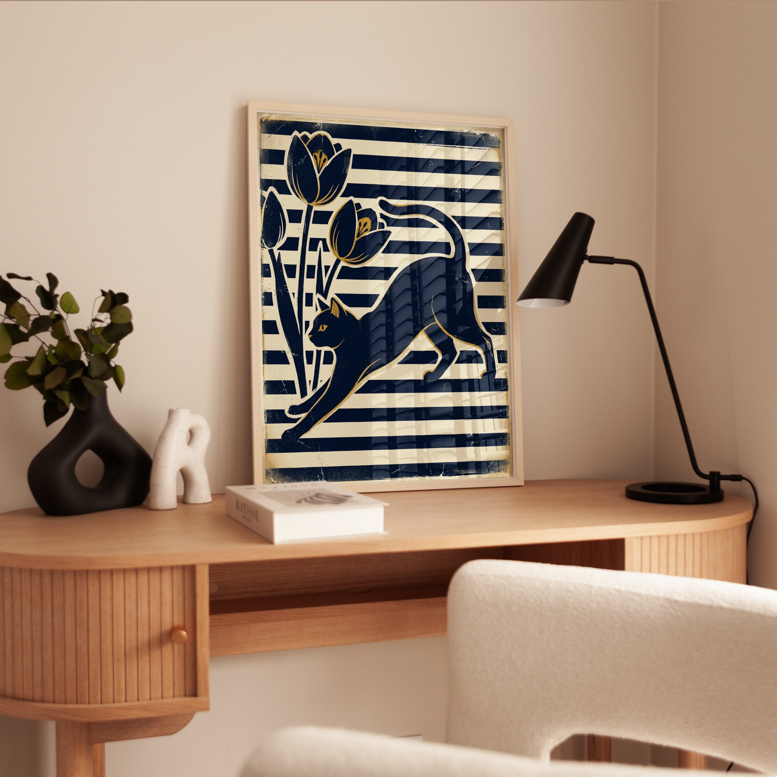Art Deco Cat With Tulips: Navy and Gold Geometric Print - interior