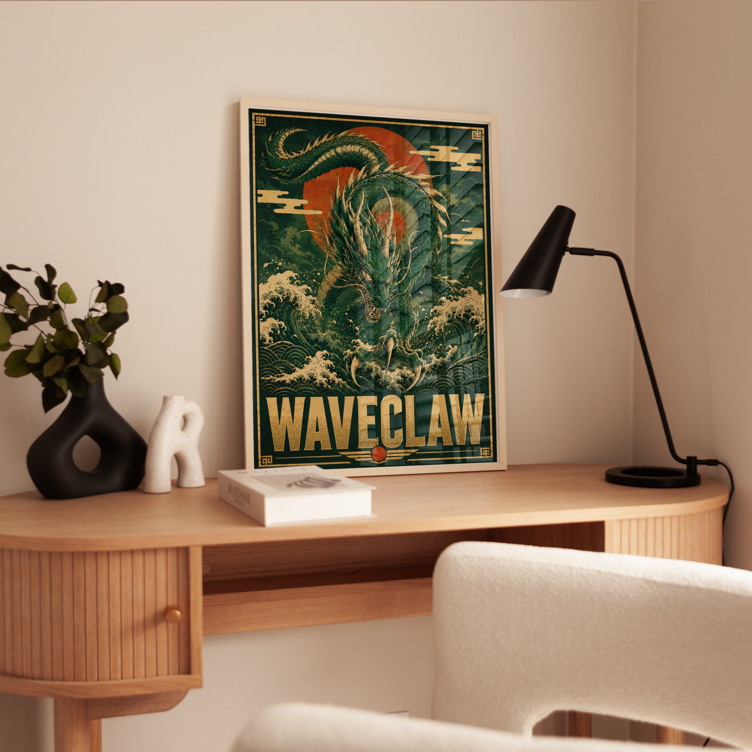 Japanese Dragon Art Print: Vintage Wave and Red Sun Design - interior