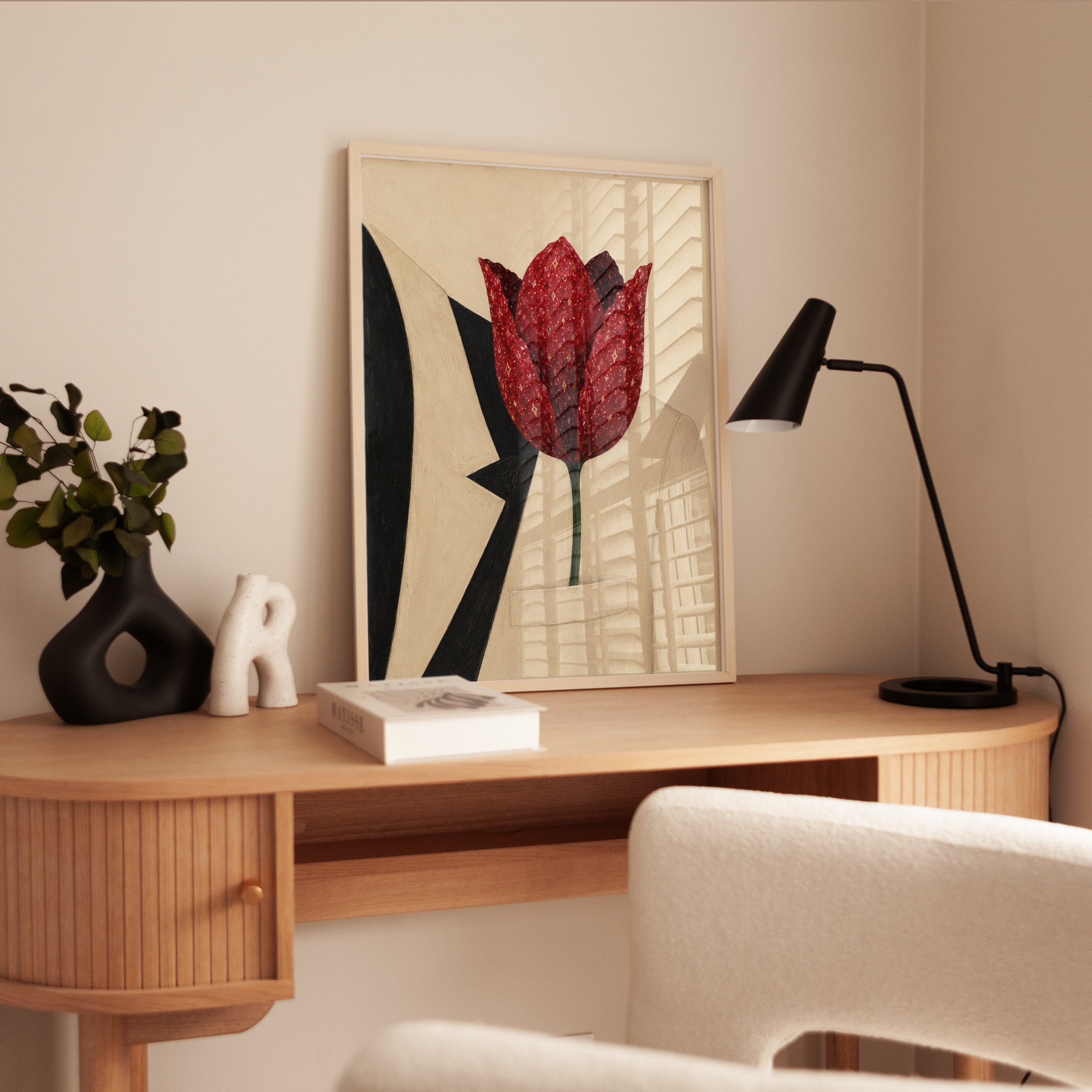 Red Tulip Art Print: Modernist Botanical Collage Design - interior