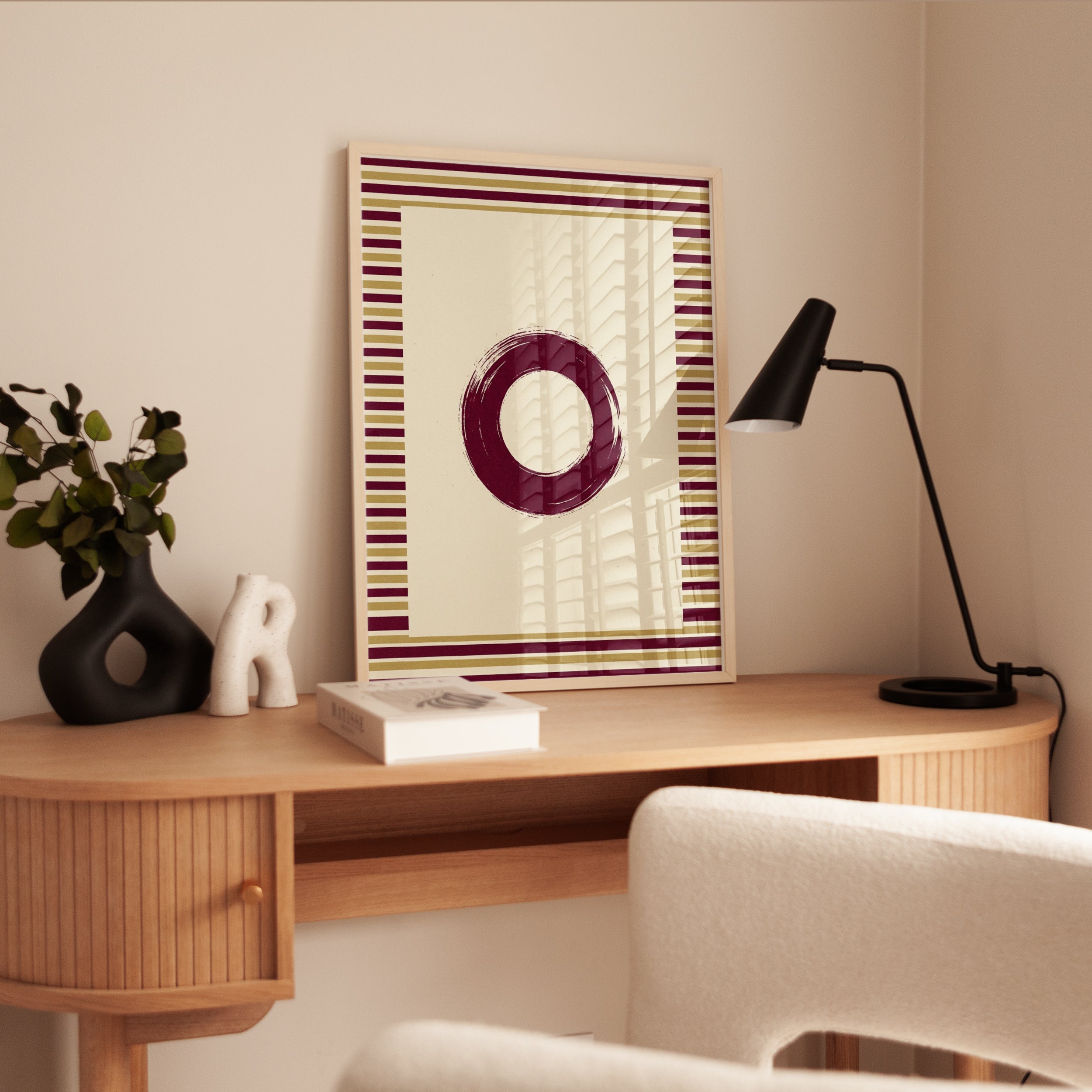Zen Circle Enso Print: Burgundy and Gold Striped Border Art - interior