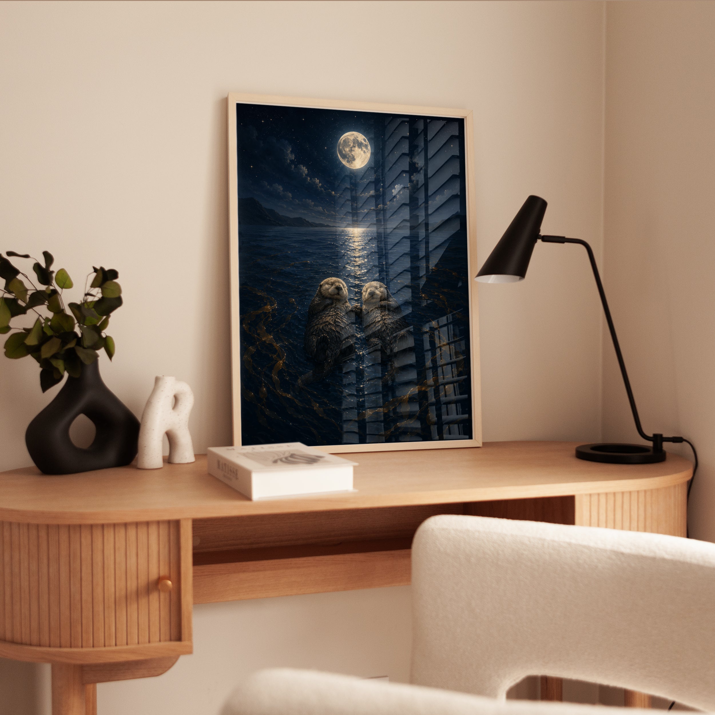 Sea Otters Full Moon Print – Romantic Night Ocean - interior
