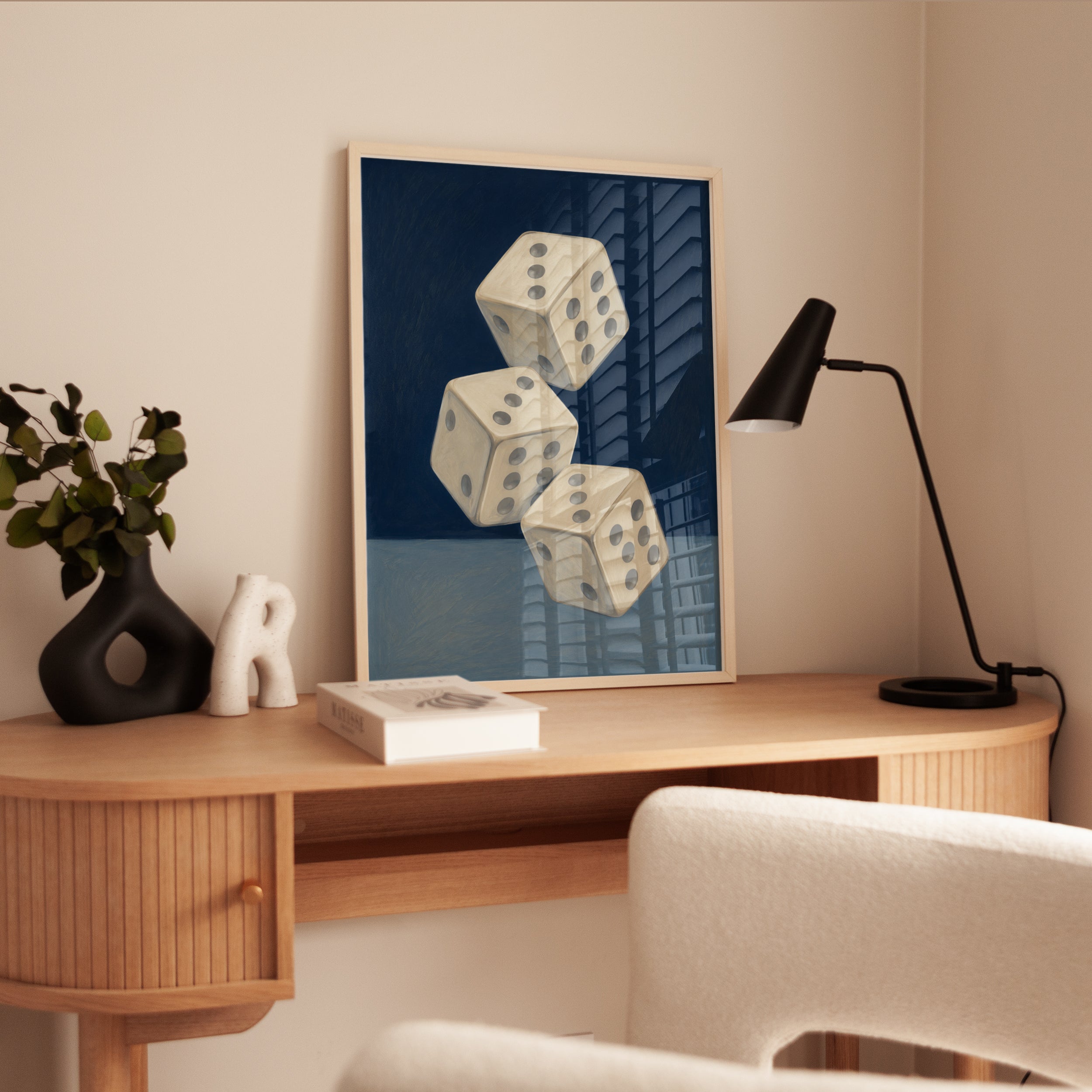 Vintage Dice Stack Wall Art: Minimalist Blue Game Room Print - interior