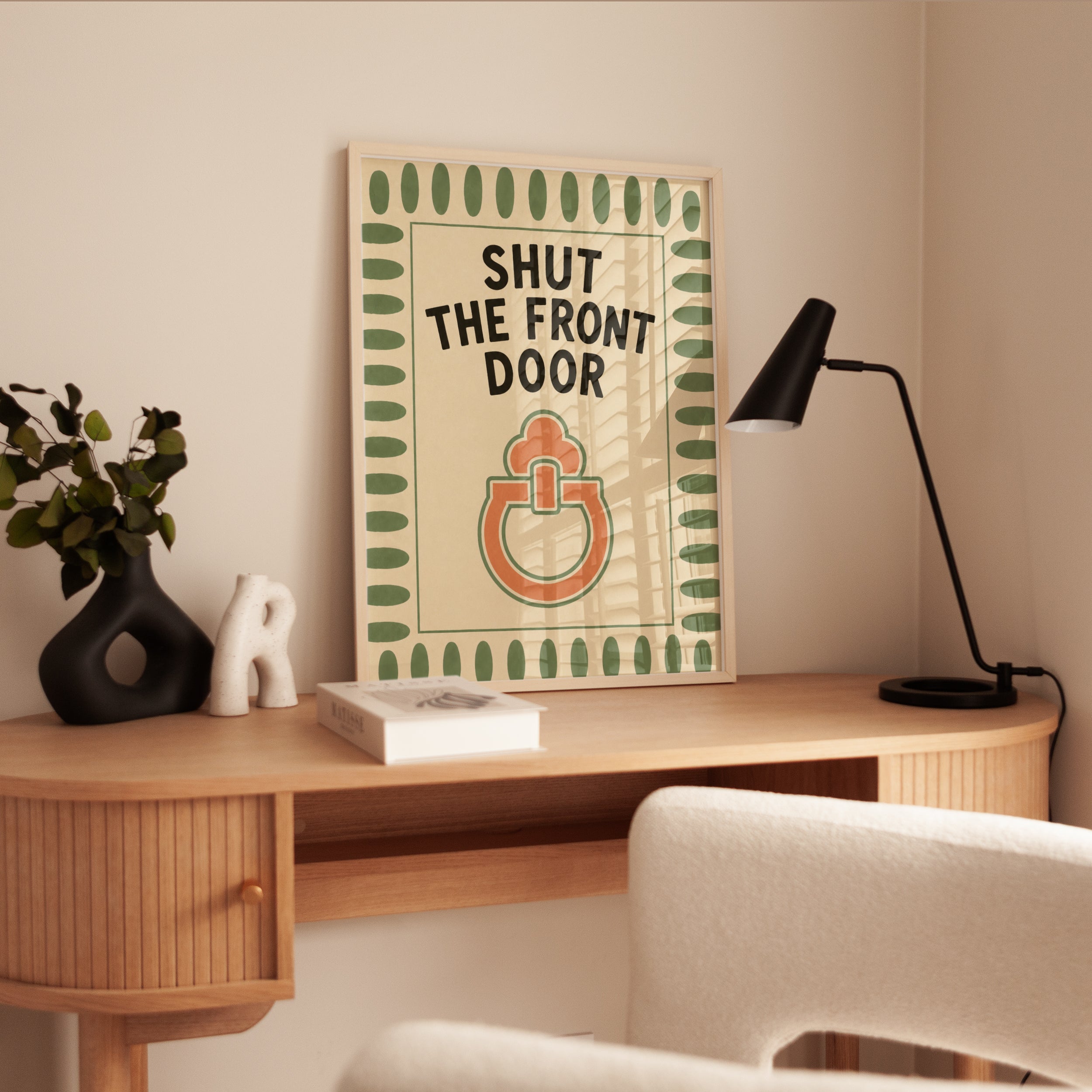 Shut The Front Door Retro Poster: Mid-Century Orange Green Wall Art - interior