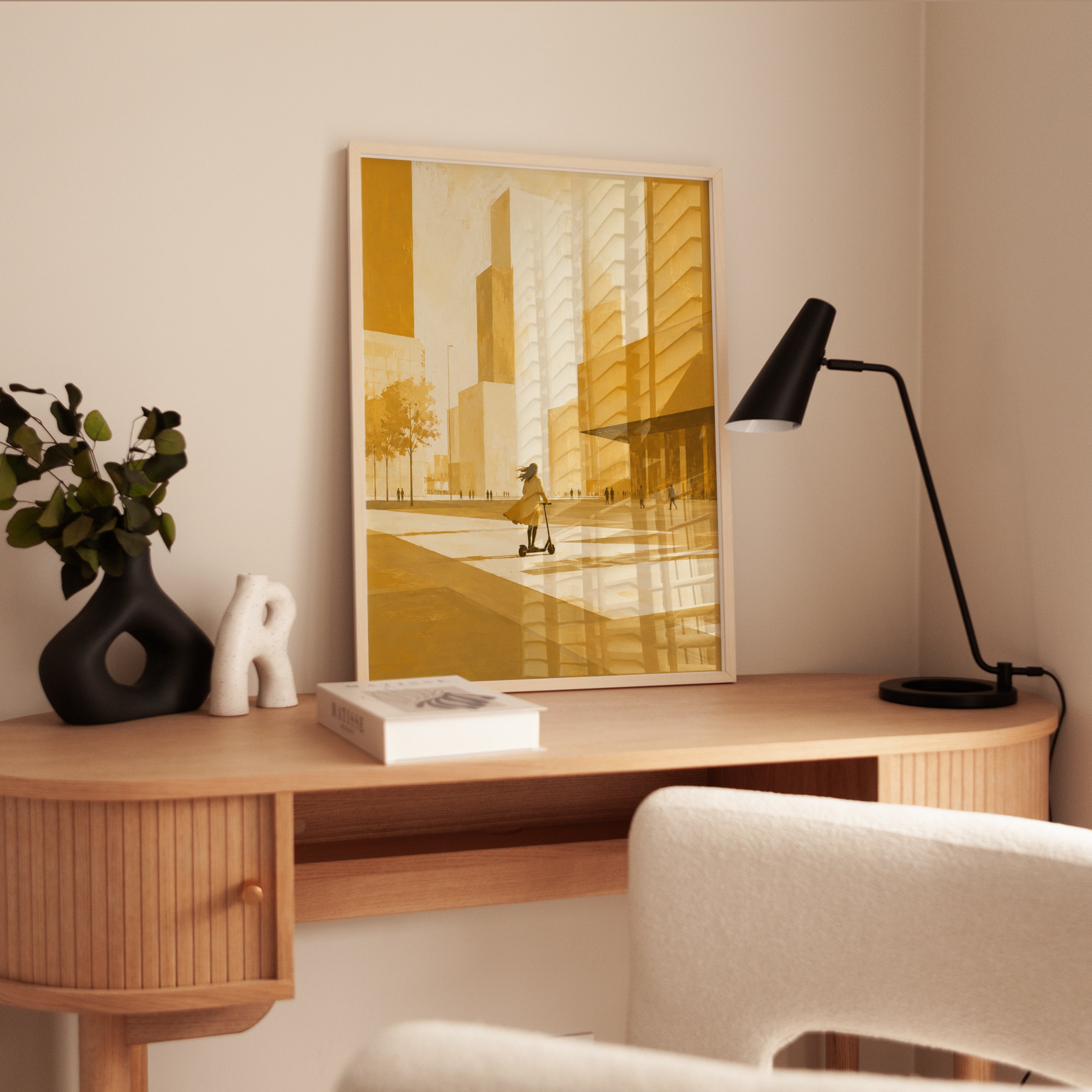 Modern Urban Cityscape: Golden Yellow Minimalist Architecture Print - interior