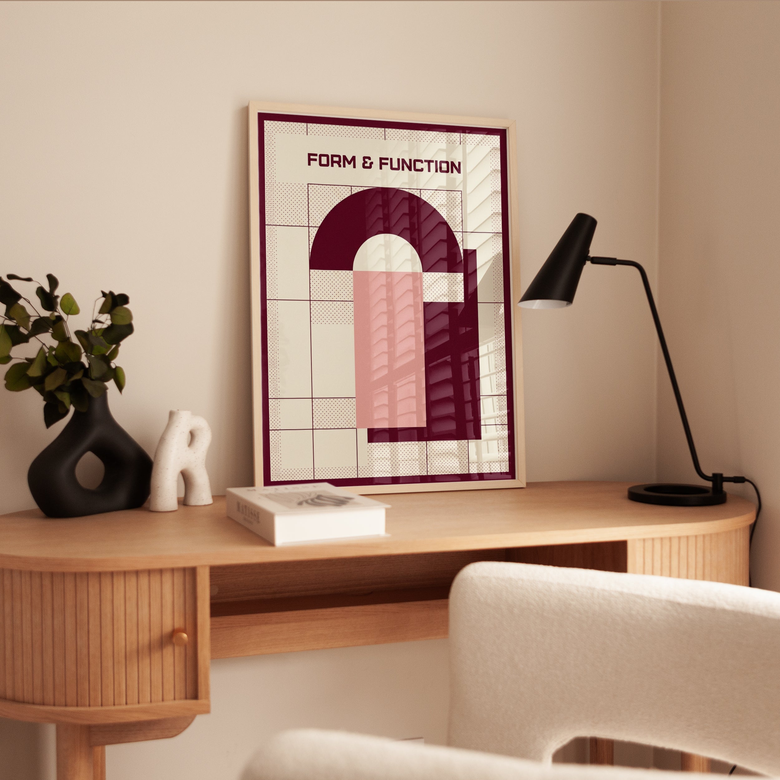 Bauhaus Arch Print: Geometric Shapes in Burgundy and Pink - interior