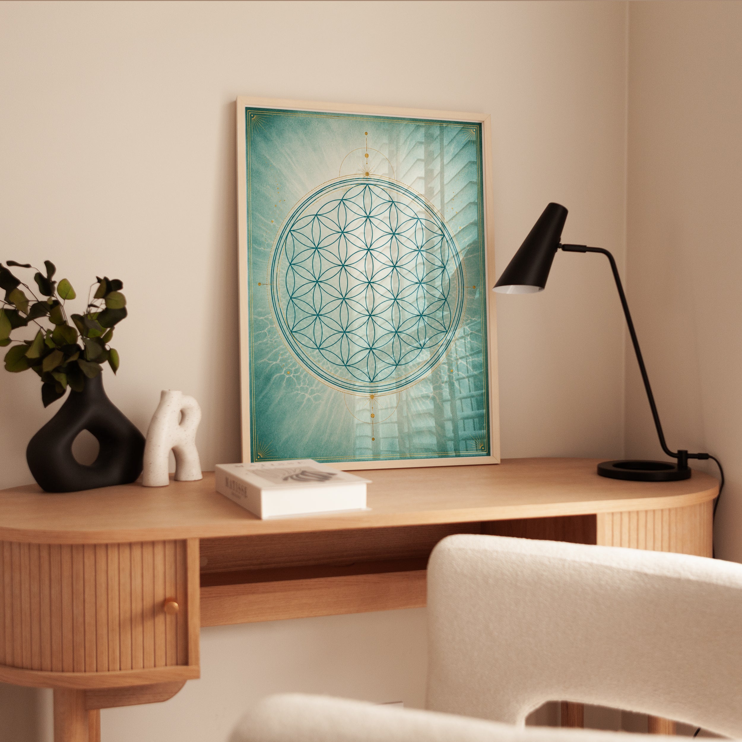 Flower of Life Mandala Print: Spiritual Wall Art (Teal & Gold) - interior