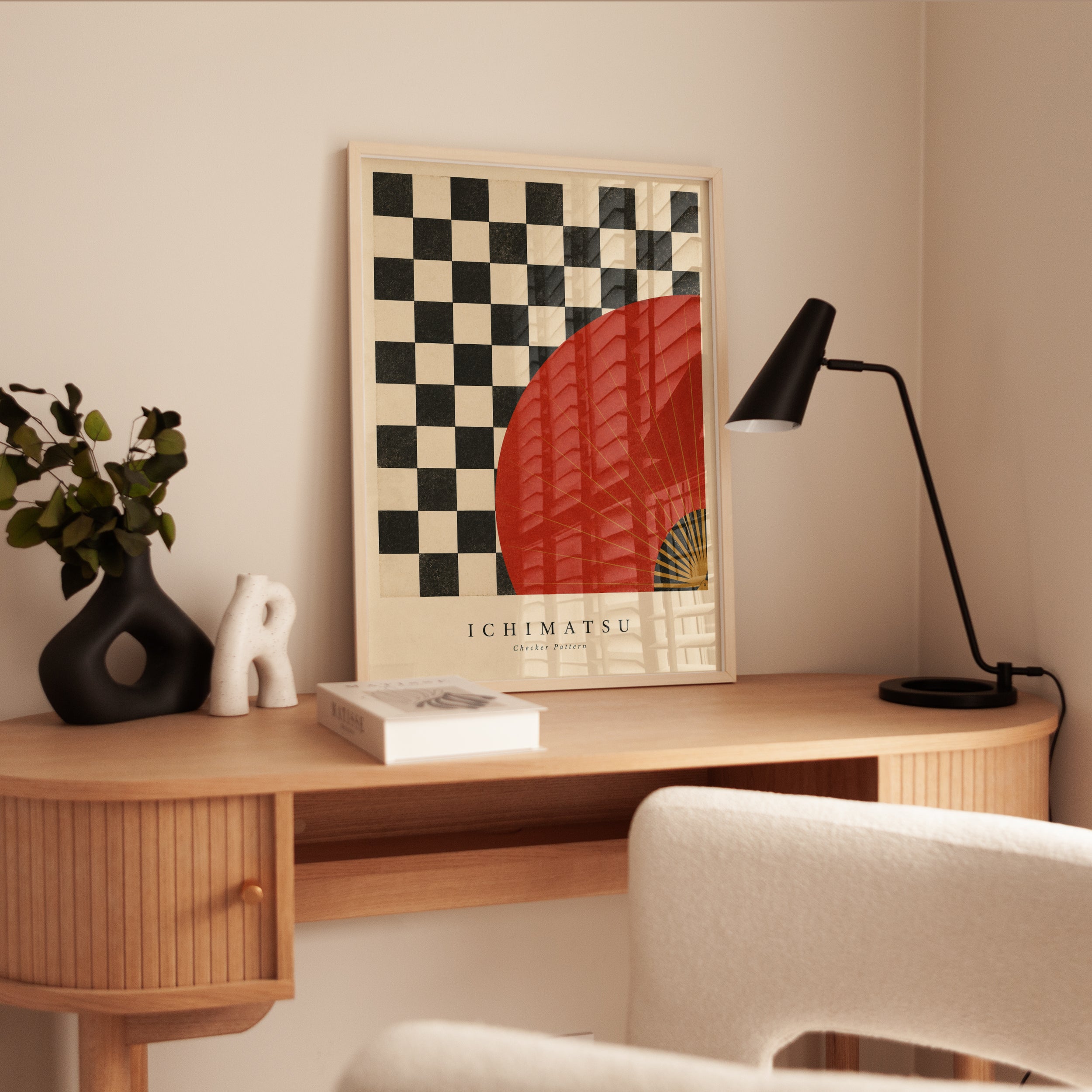 Japanese Checkerboard Wall Art – Red Fan - interior