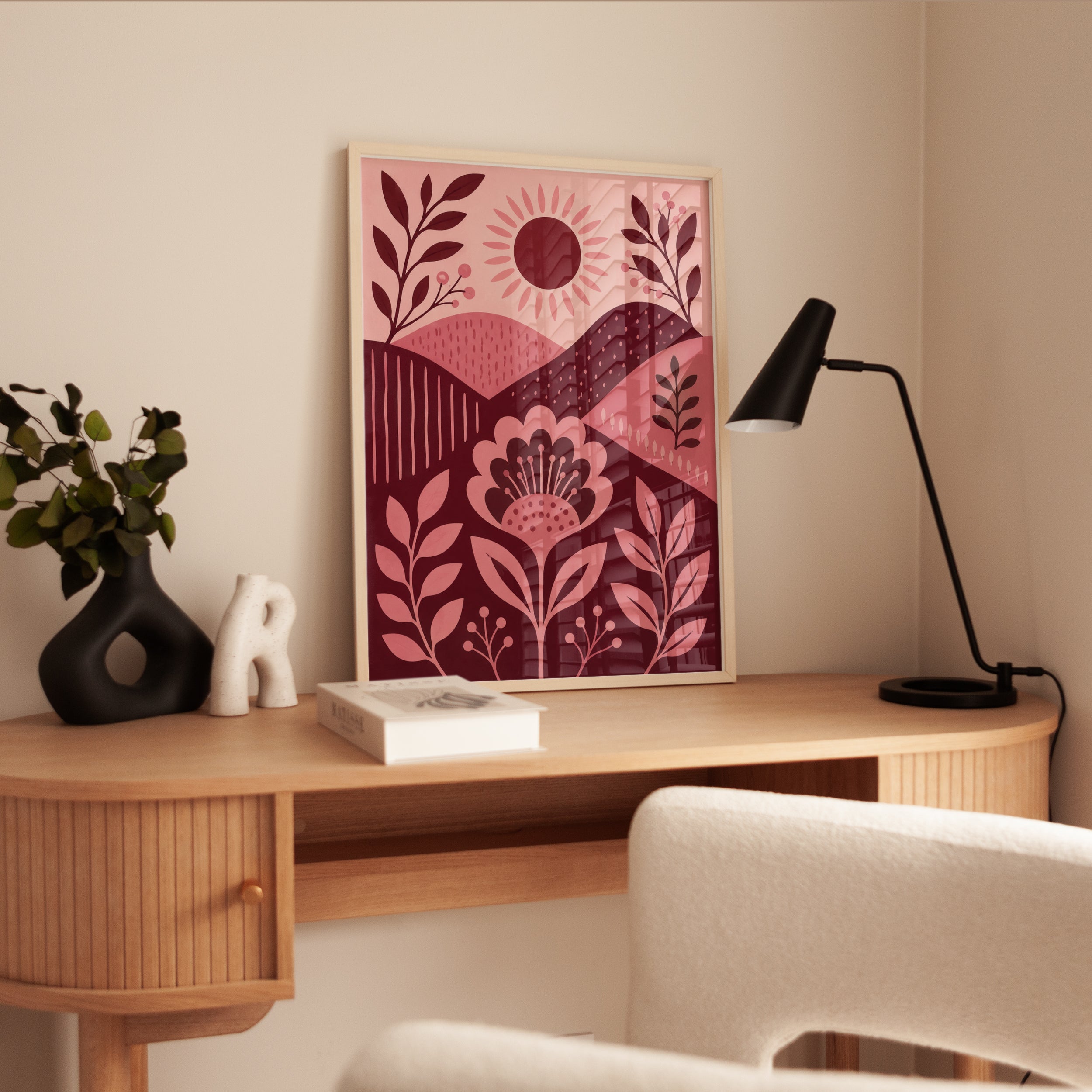 Folk Art Floral Print – Pink Sun Landscape Art - interior