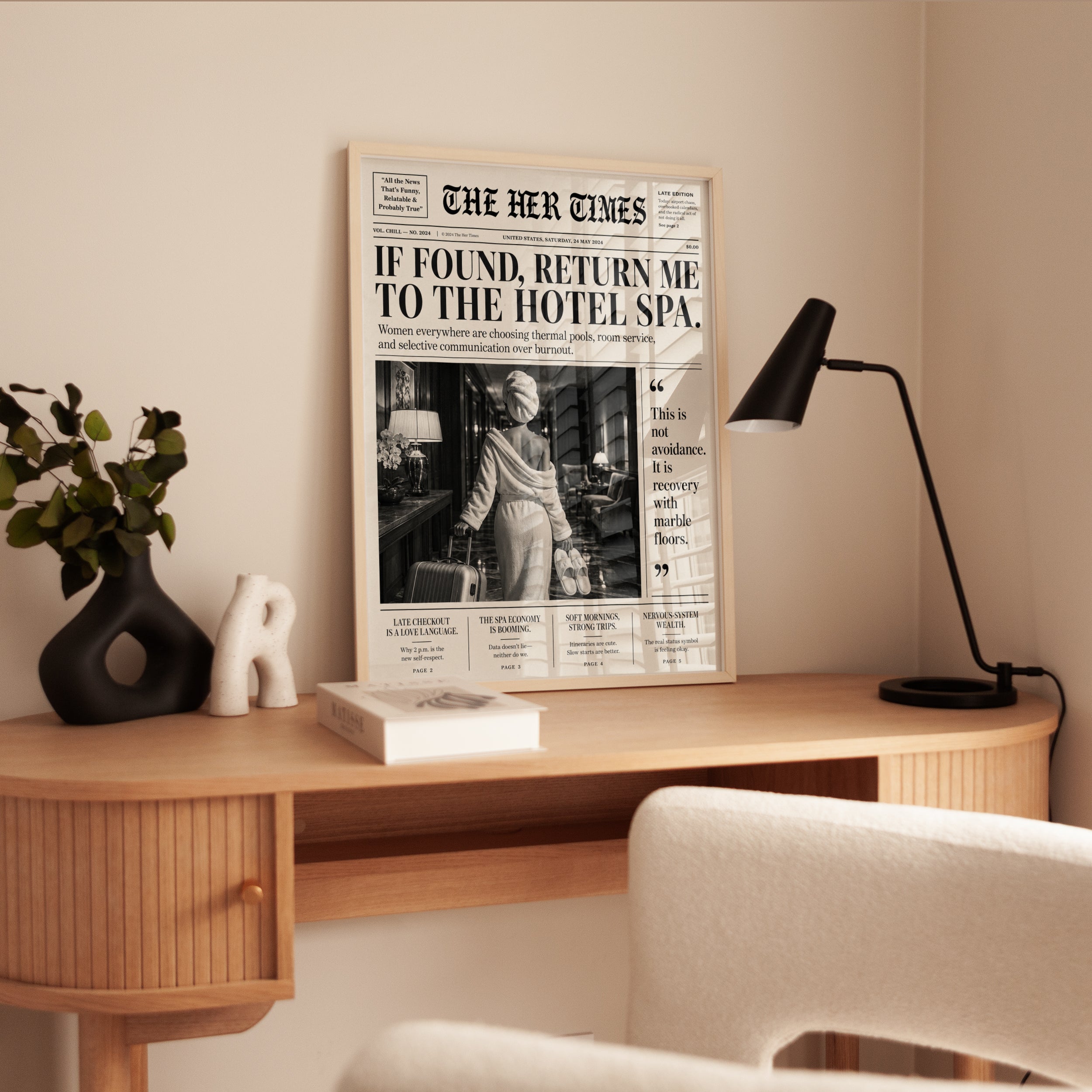 Vintage Newspaper Wall Art: Humorous Hotel Spa Headline - interior