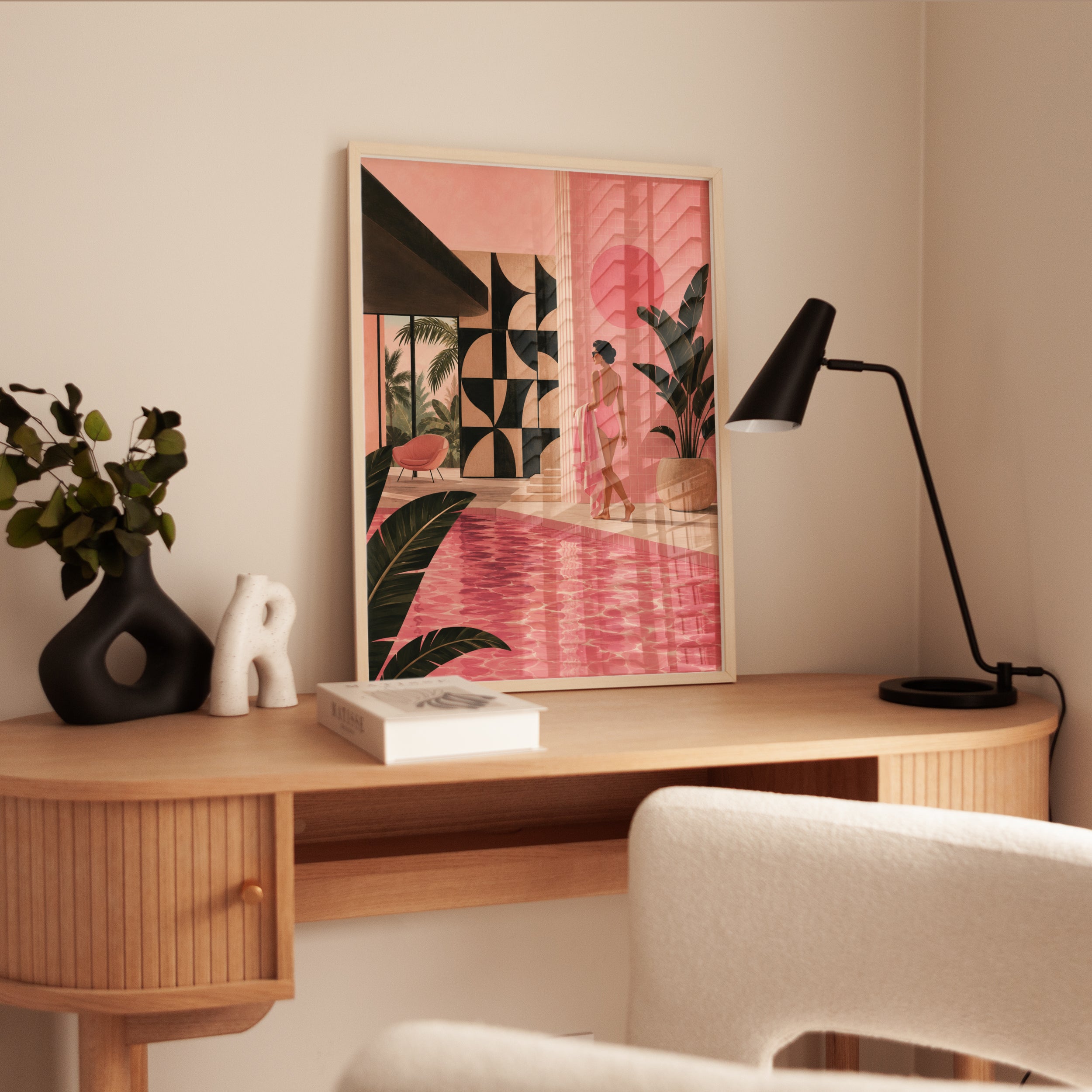 Palm Springs Pool House Art Print: Mid-Century Modern Pink Interior - interior