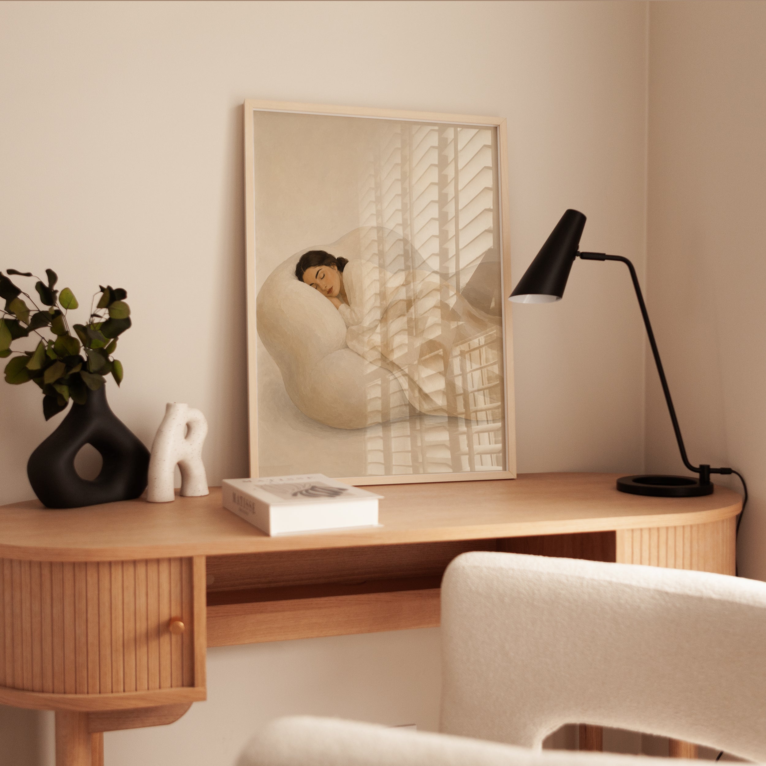 Sleeping Woman in Neutral Tones Art Print: Soft Minimalist Style - interior
