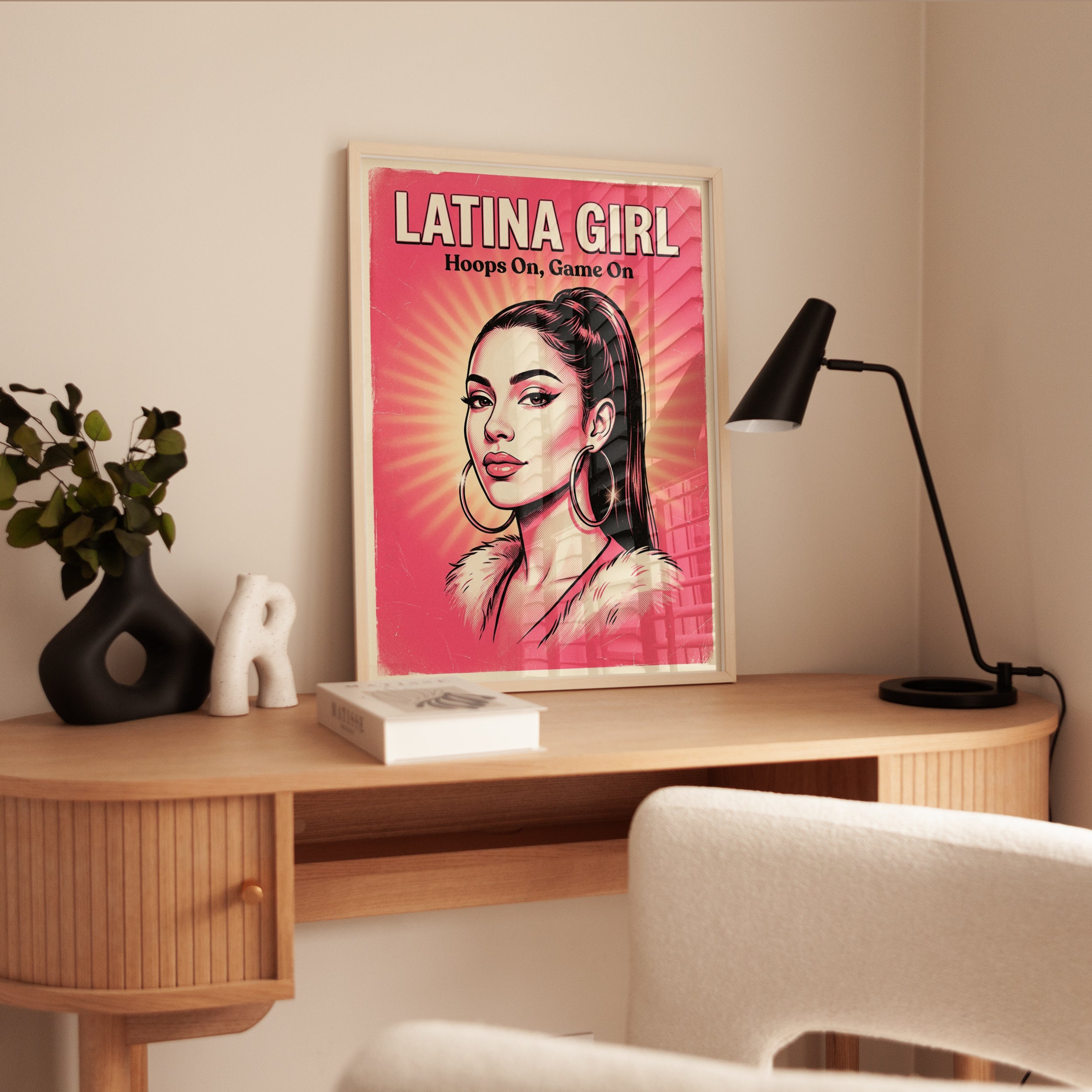 Latina Girl Retro Poster: Vintage Pink Pop Art Basketball Print - interior