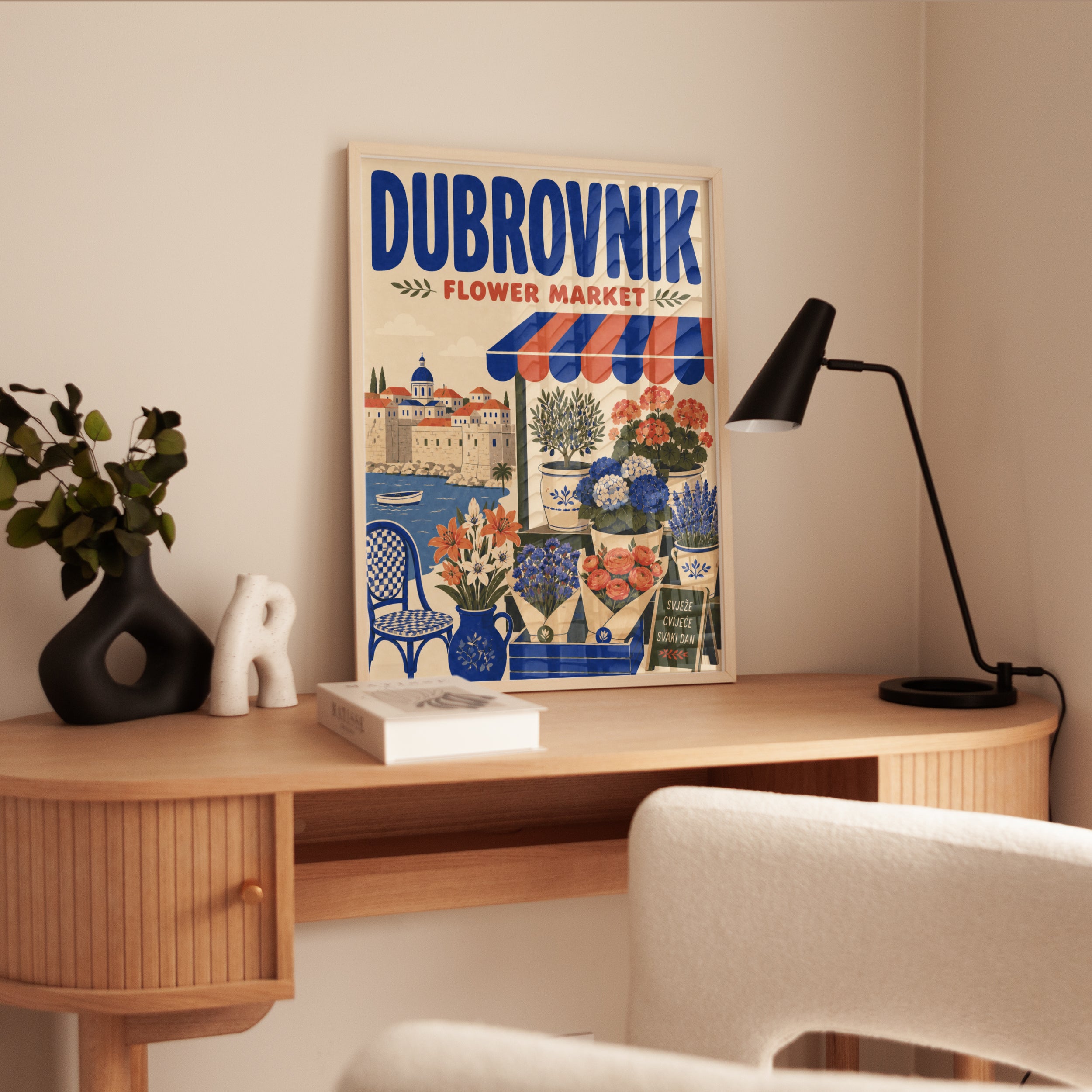 Dubrovnik Flower Market Print: Vintage Travel Poster Style - interior