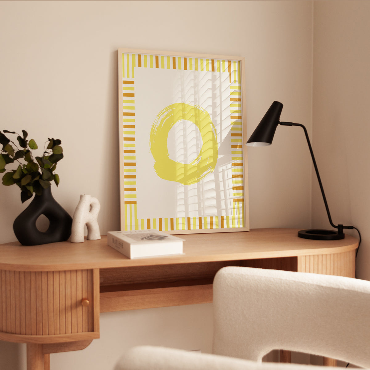 Abstract Yellow Circle Print: Minimalist Brushstroke Wall Art - interior