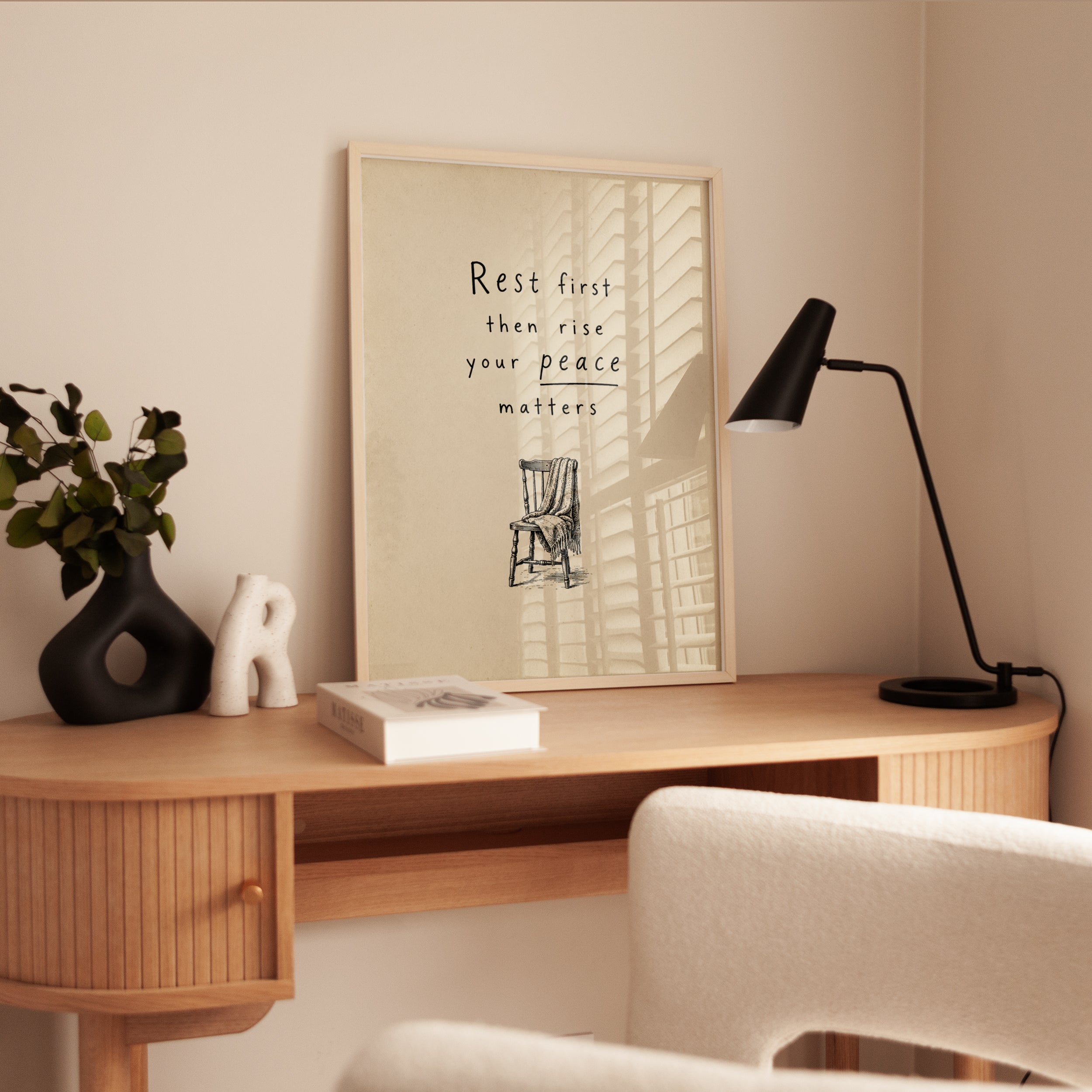 Rest First Then Rise Art Print: Mindfulness Quote with Vintage Chair - interior