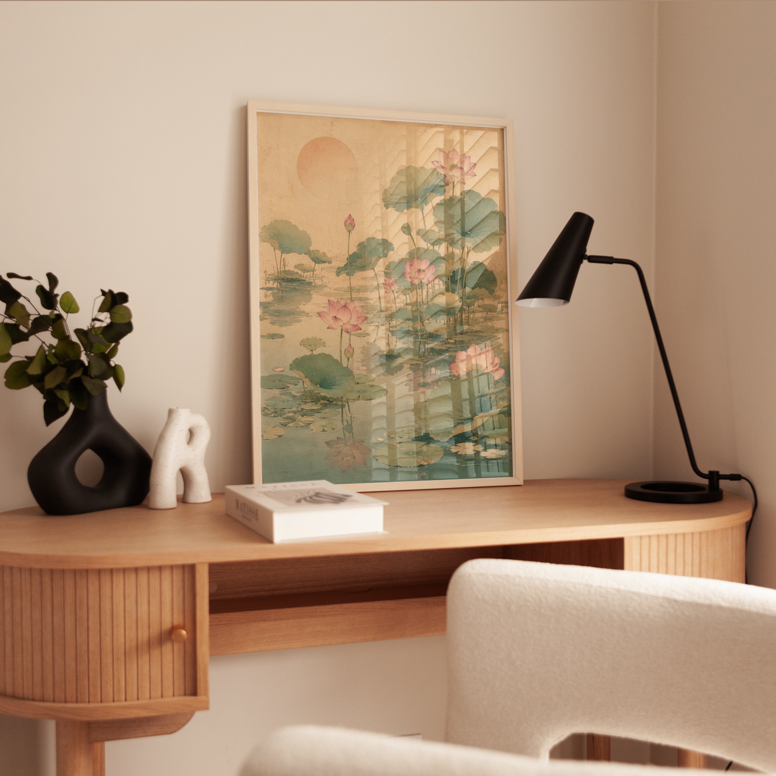 Lotus Pond Art Print: Japanese Watercolor Botanical Design - interior