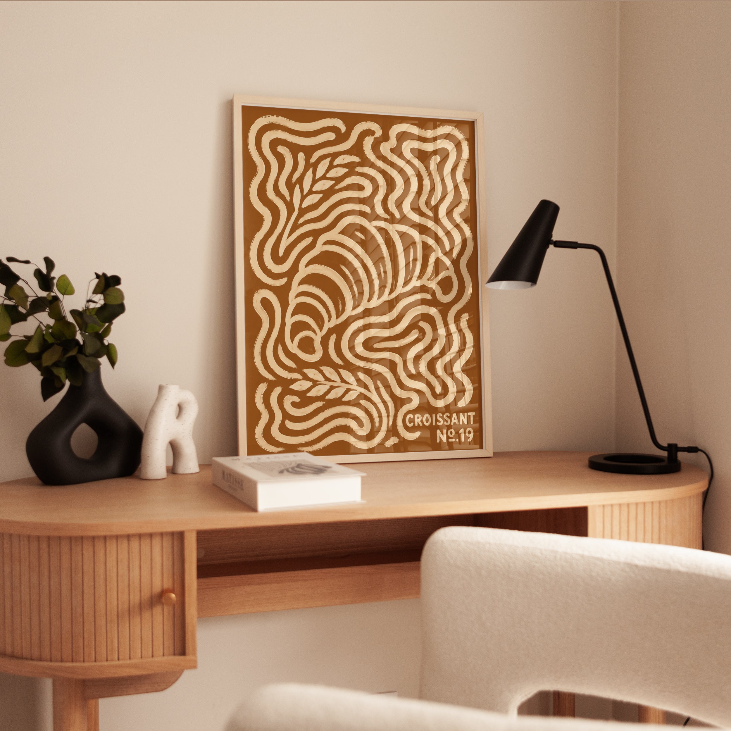 Art Nouveau Croissant Poster: Brown and Cream Swirling Design - interior