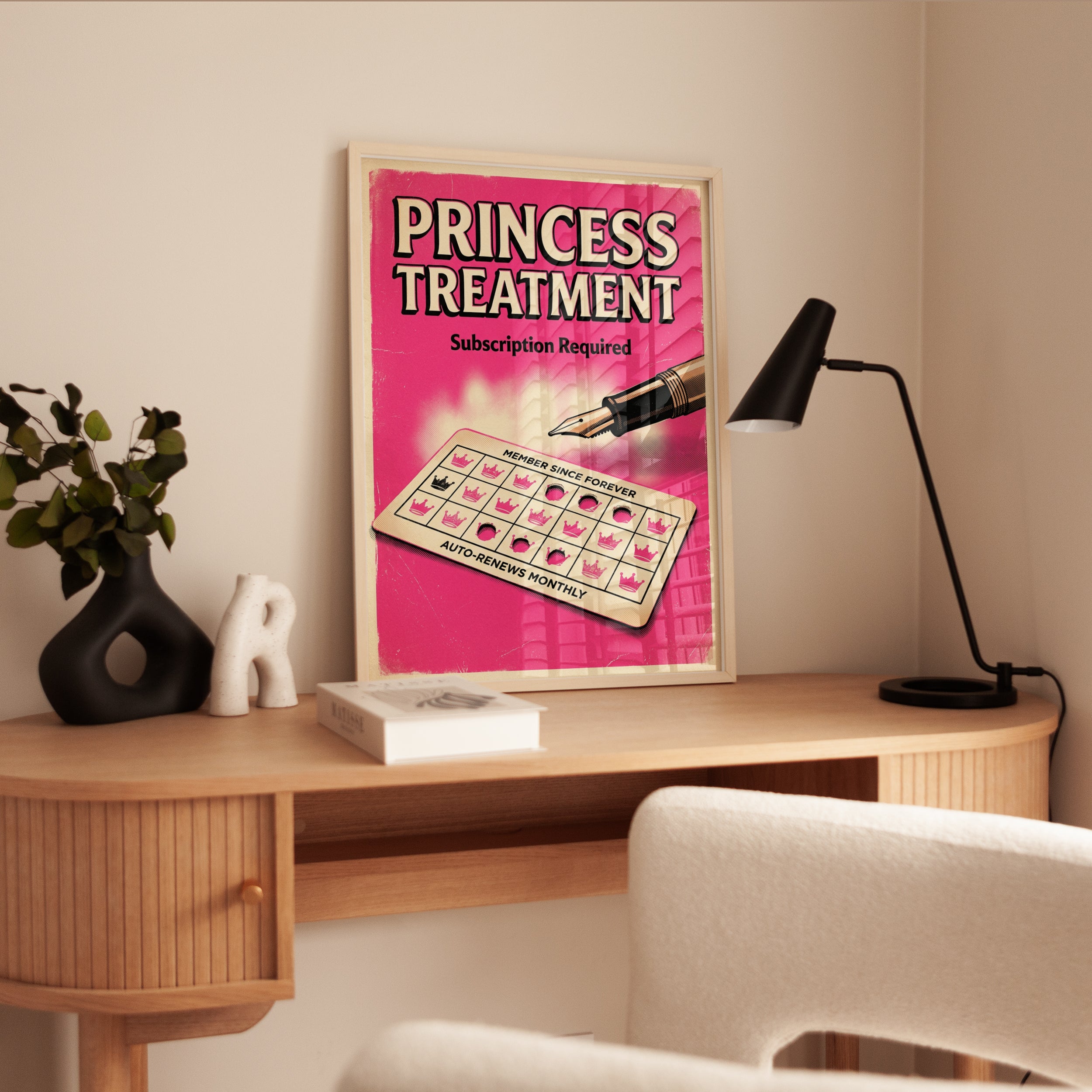 Princess Treatment Retro Wall Art: Pink Satirical Pop Art Poster - interior