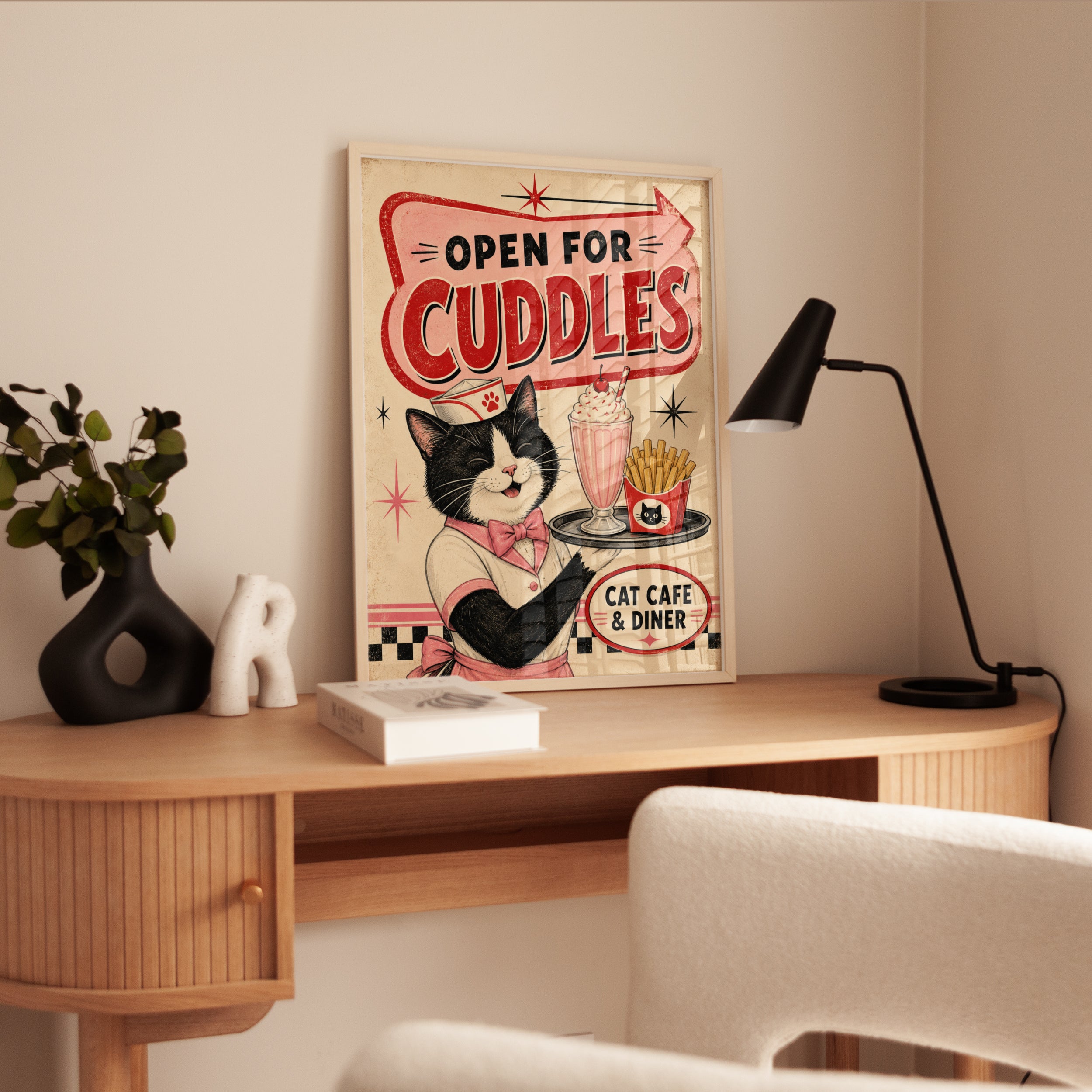 Cat Cafe Wall Art – Retro Diner Print - interior