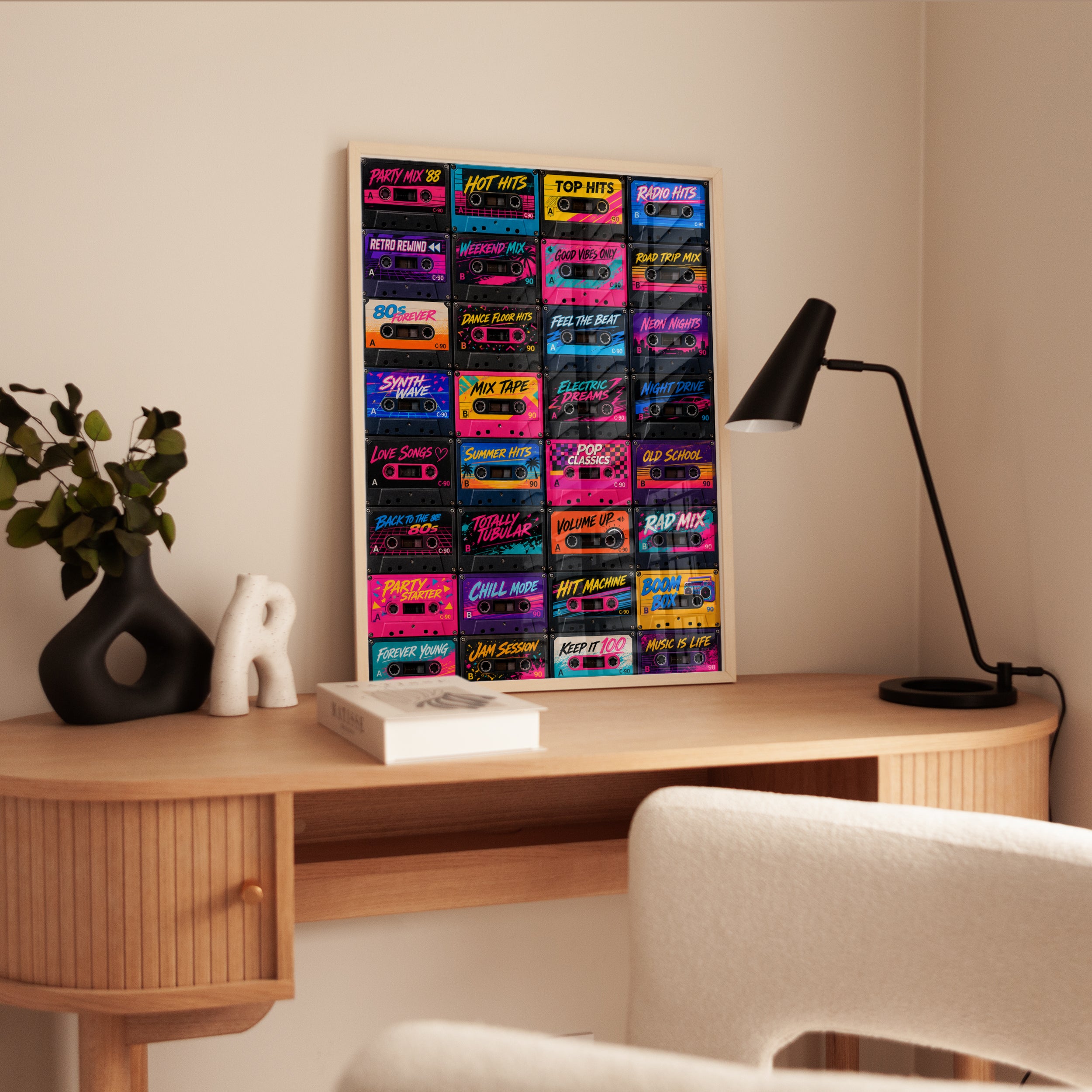 Retro Cassette Tape Wall Art: 1980s Neon Music Collection - interior
