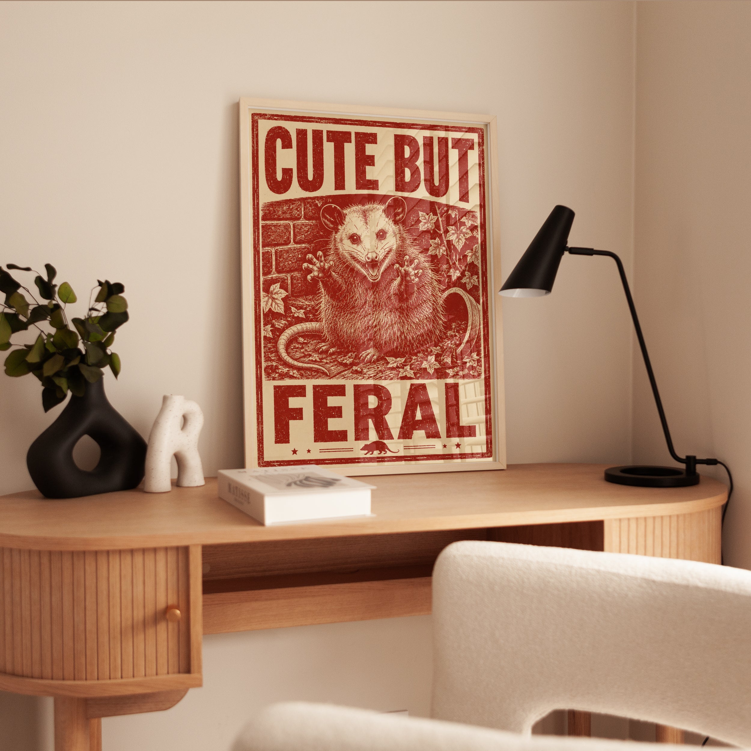 Cute But Feral Opossum Print: Vintage Red Propaganda Poster Art - interior