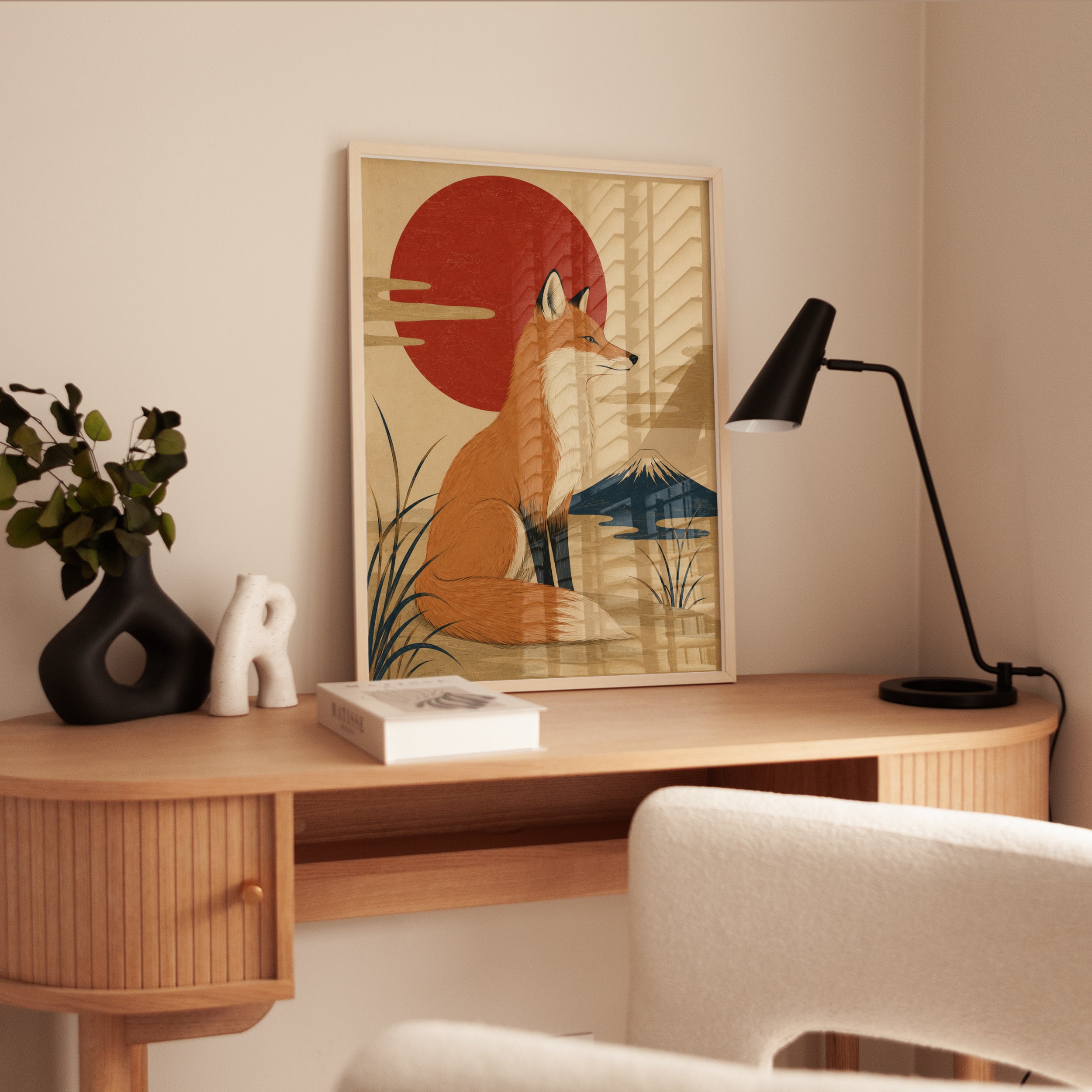 Japanese Fox Art Print: Vintage Kitsune with Mount Fuji - interior