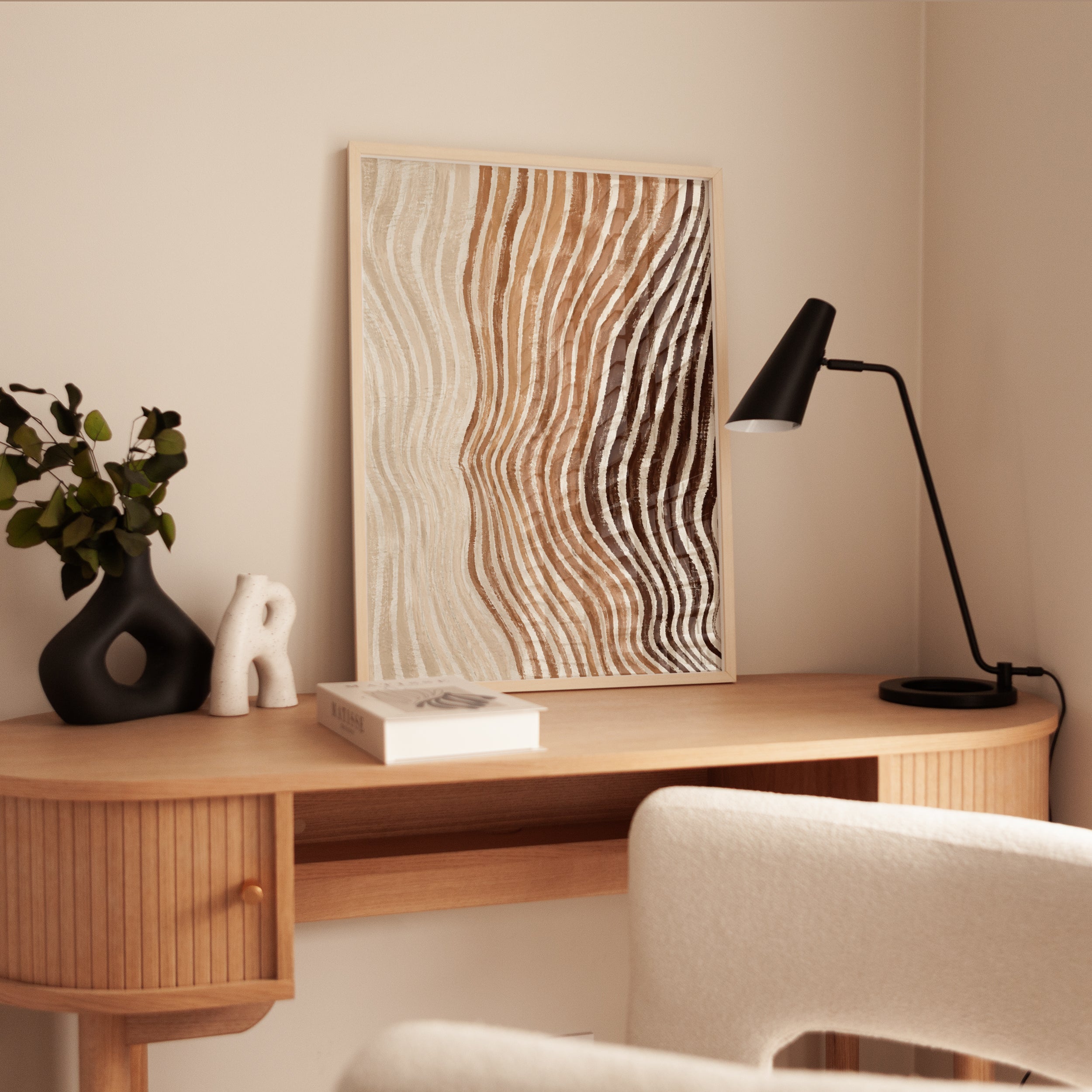 Wavy Lines Wall Art – Abstract Brown Print - interior