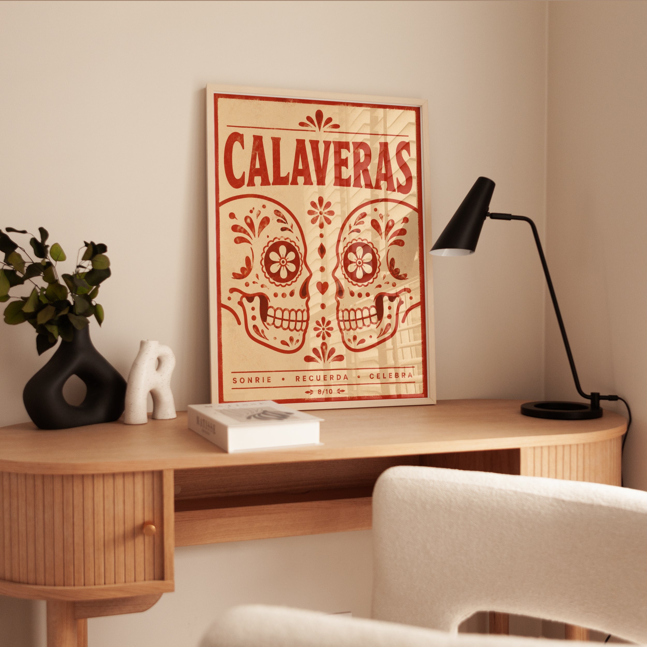Sugar Skull Wall Art: Día de los Muertos Print (Red & Cream) - interior