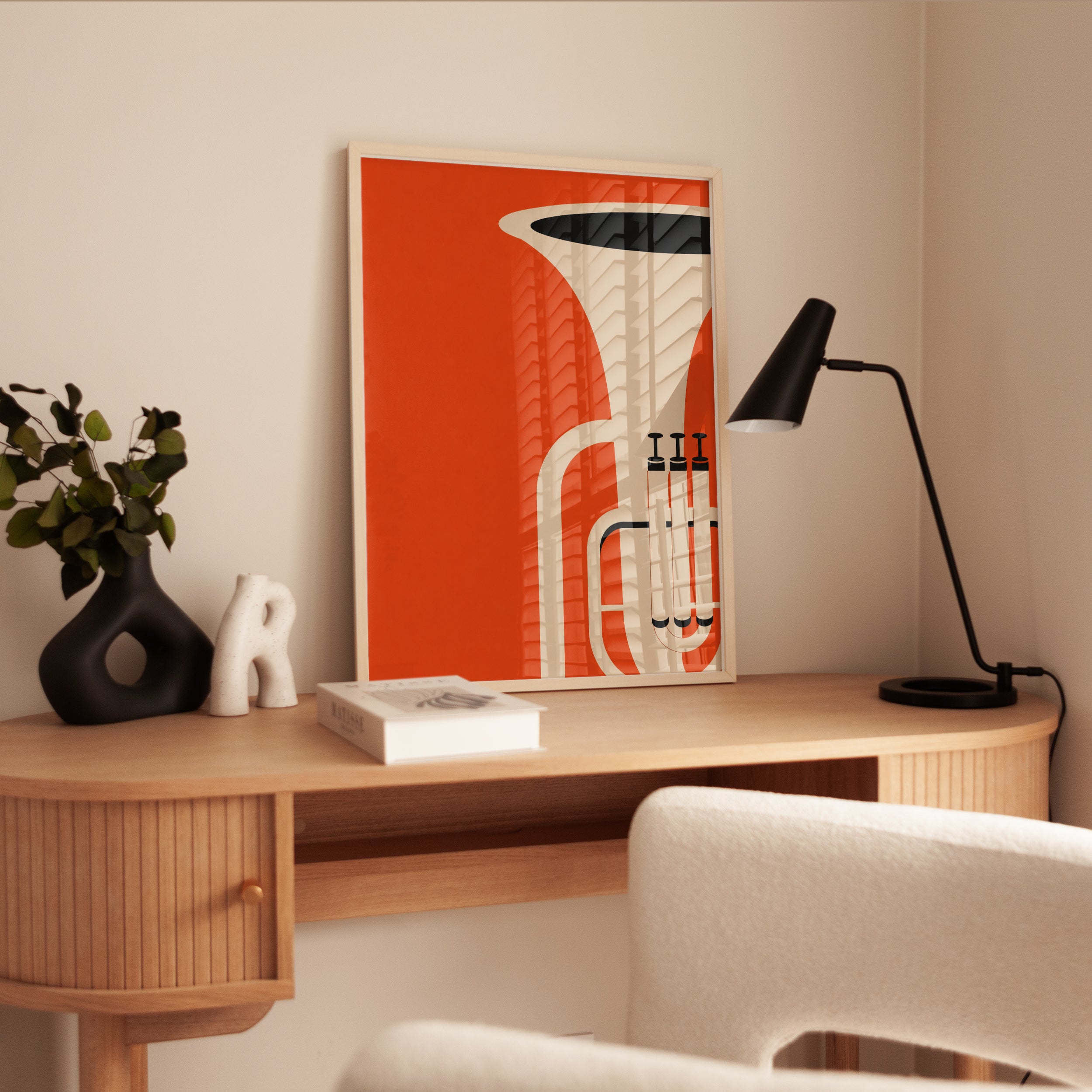 Vintage Trumpet Art Print: Minimalist Orange Modernist Design - interior