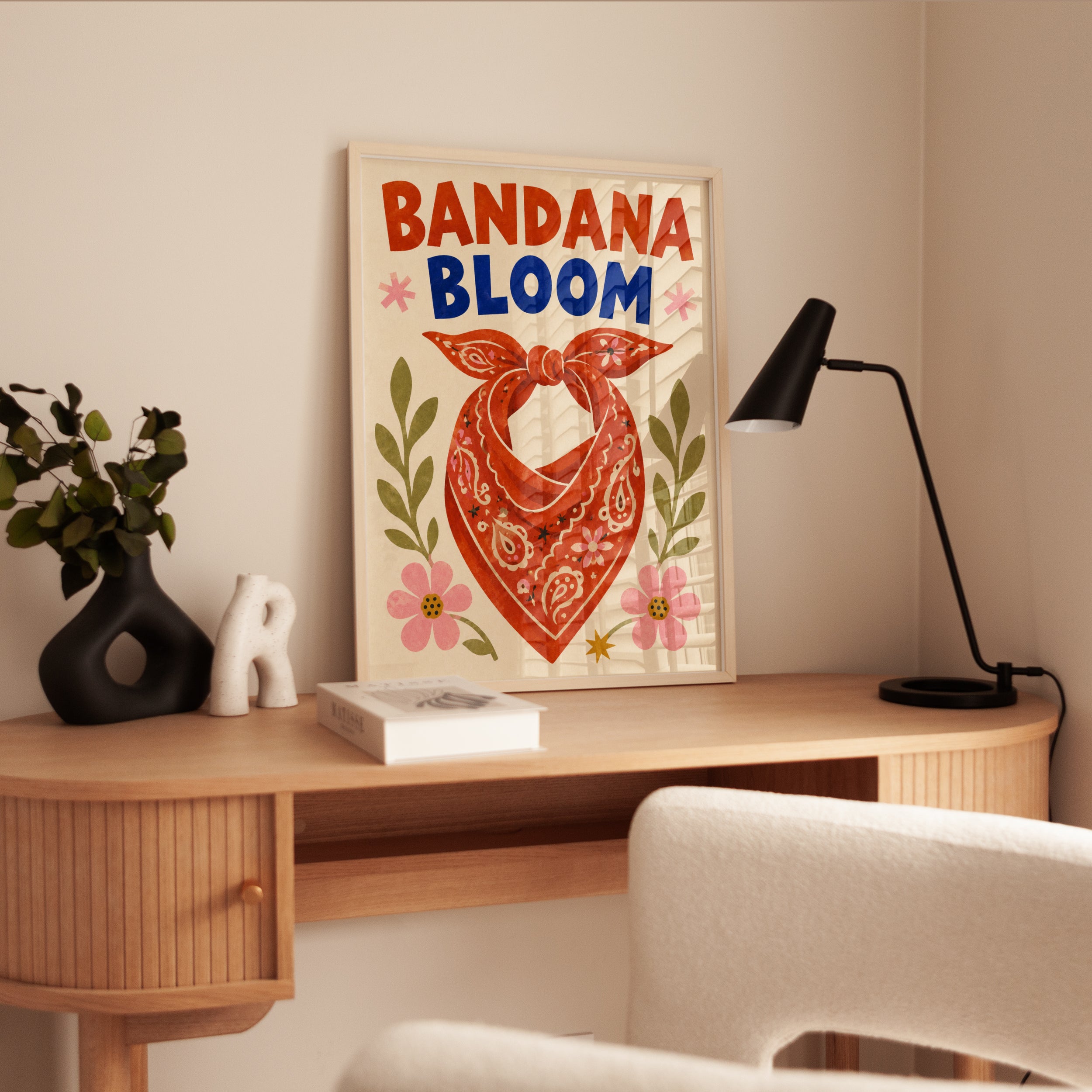 Bandana Bloom Folk Art Print: Red Paisley Floral Design - interior