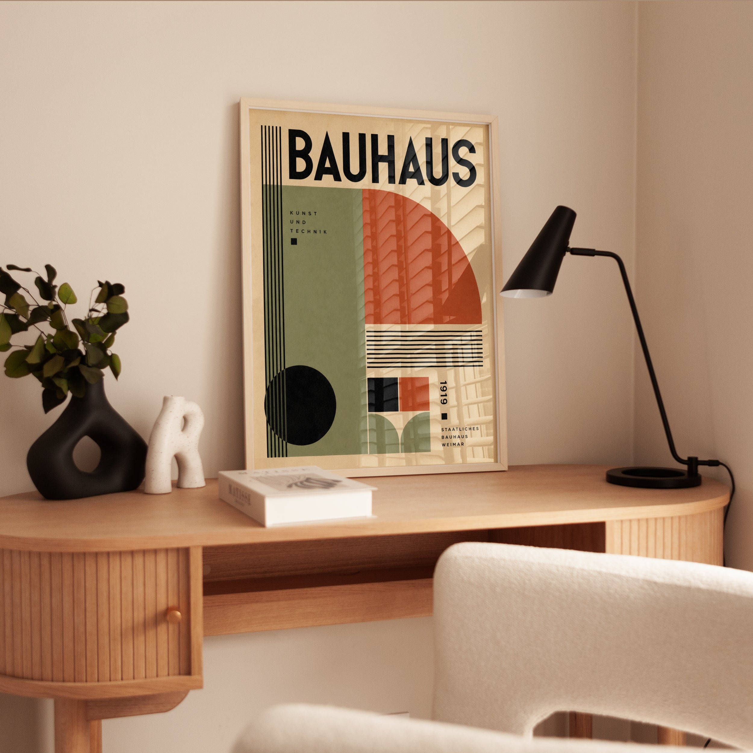 Bauhaus Geometric Poster: Modernist Design with Red and Sage Green - interior