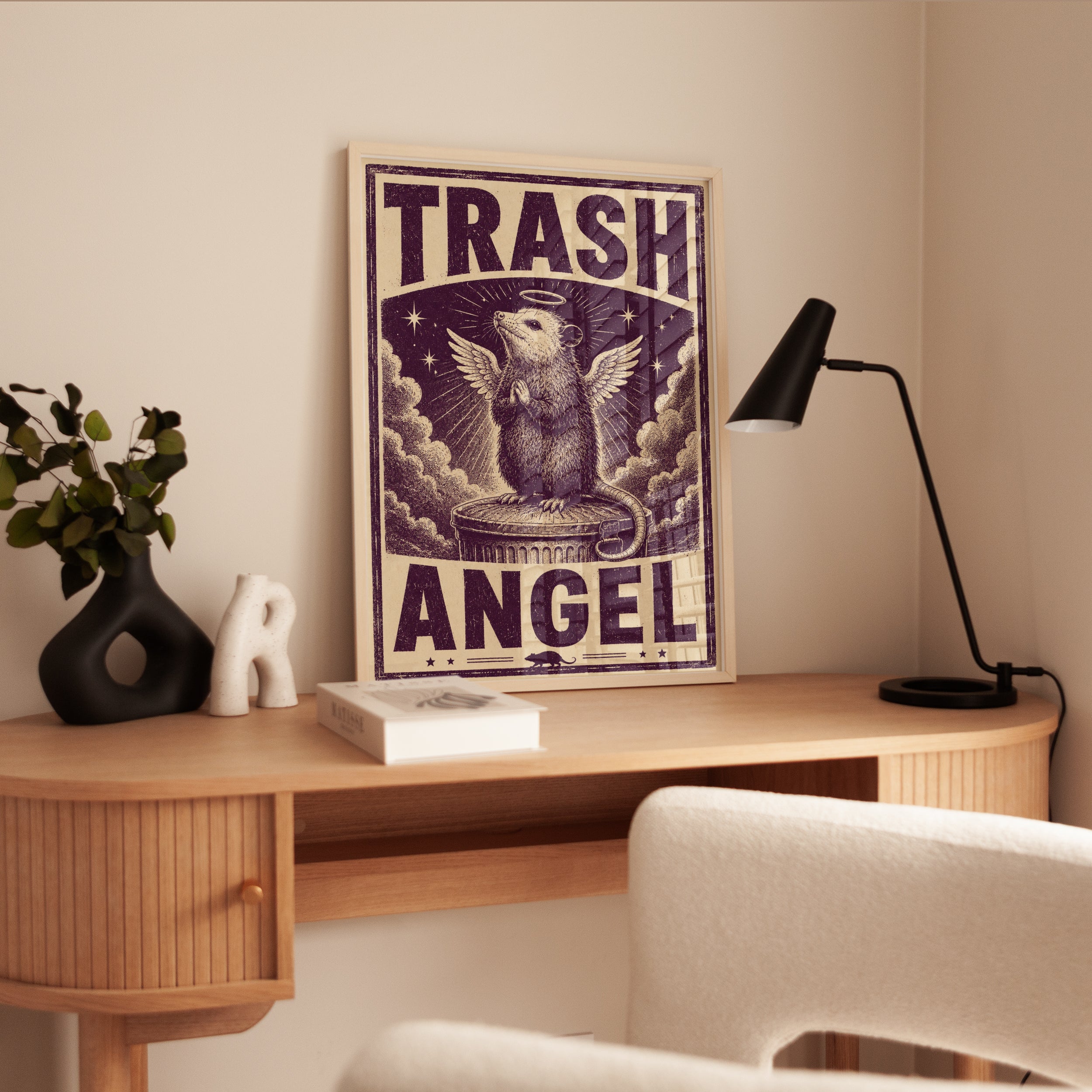 Trash Angel Possum Print: Retro Animal Wall Art (Purple & Cream) - interior