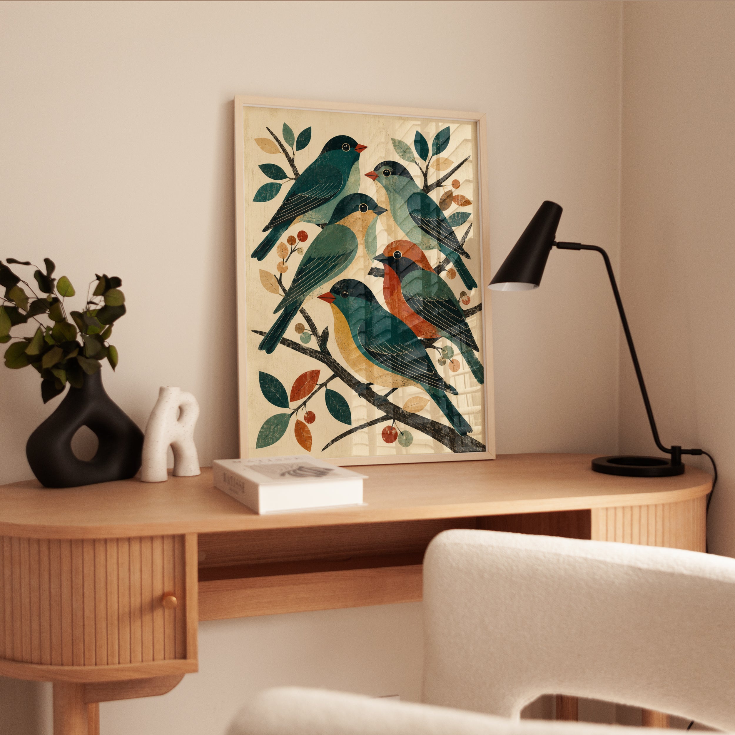 Folk Art Birds on Branches: Vintage Teal and Orange Wall Art - interior