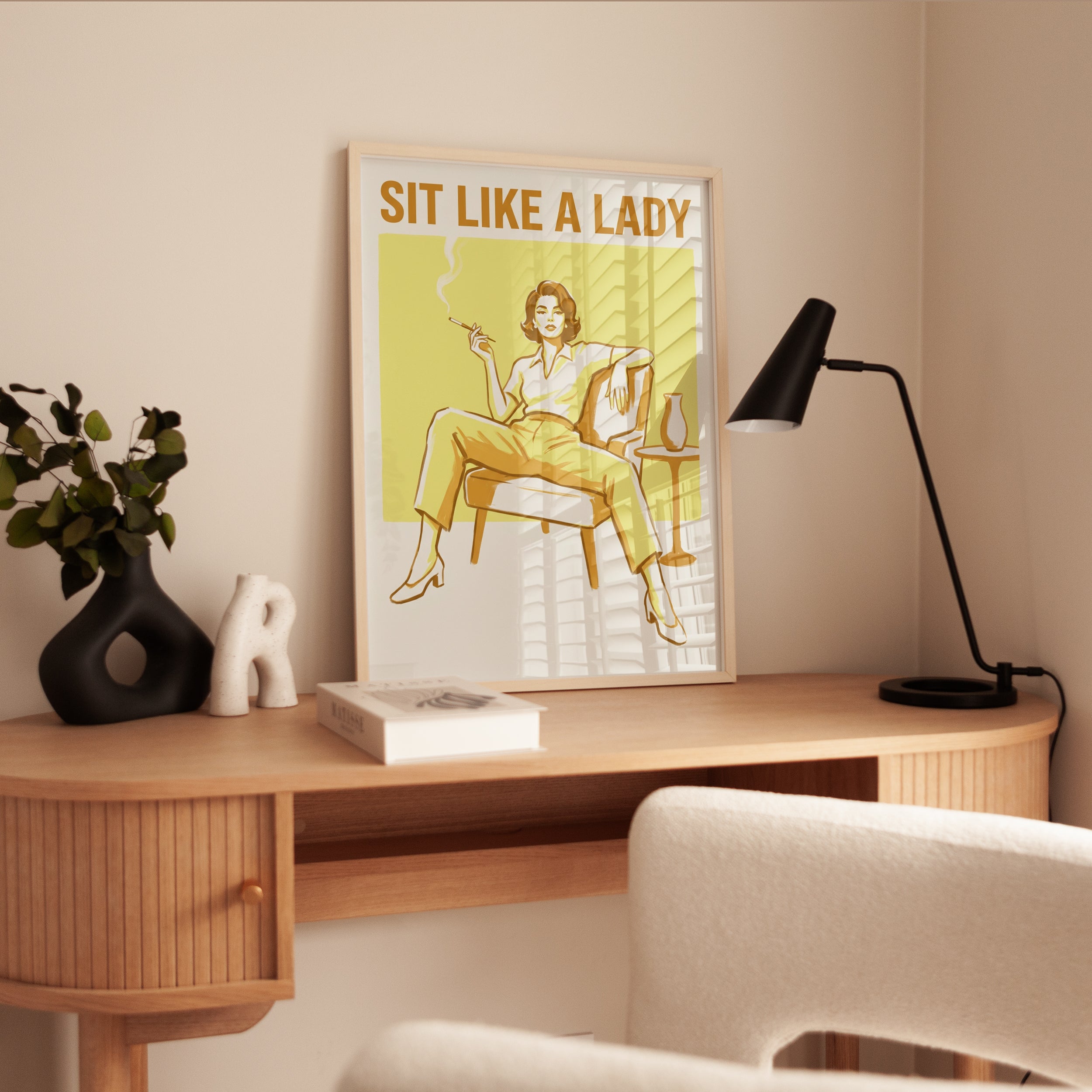 Sit Like a Lady Retro Poster: Mid-Century Yellow Lounge Art - interior