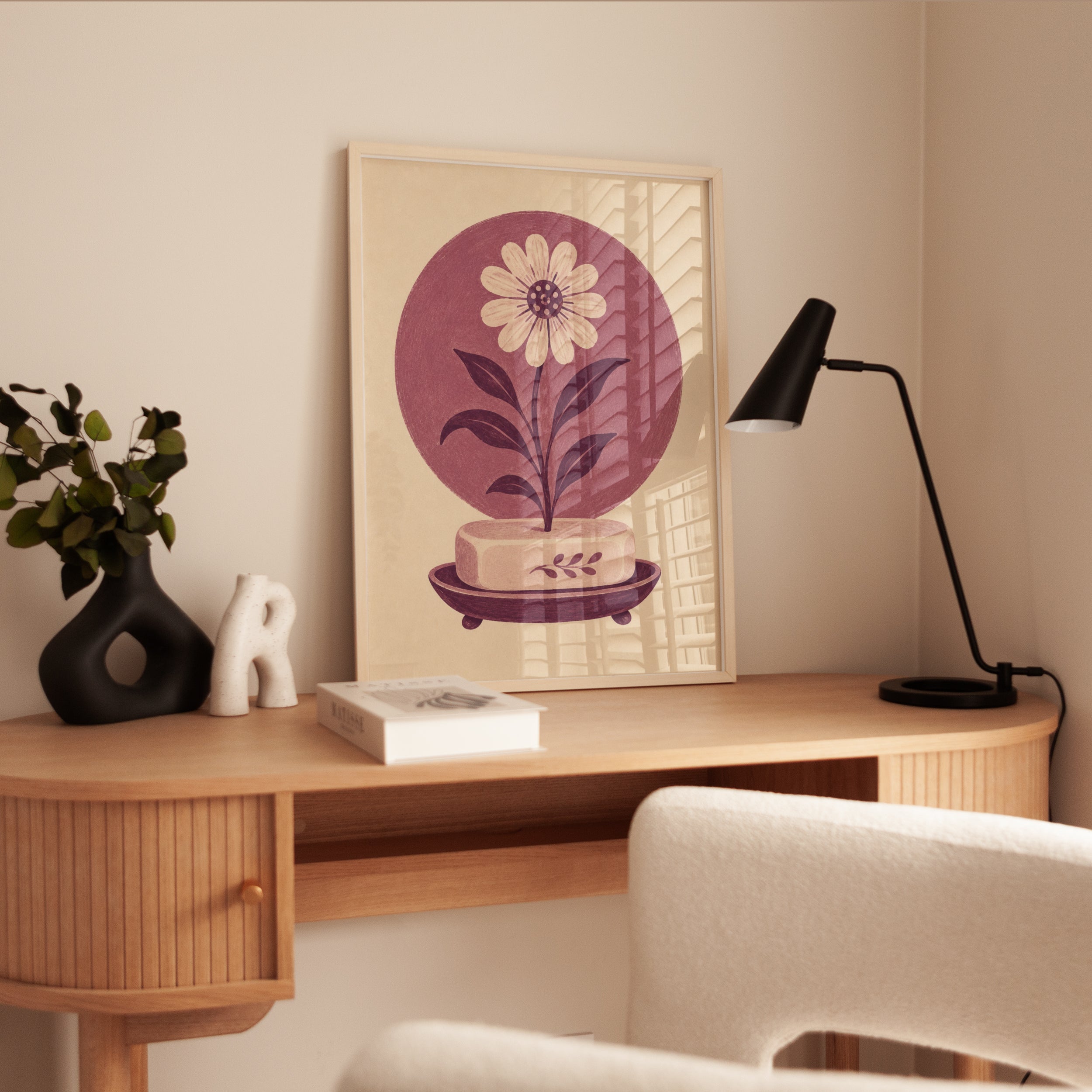 Folk Art Daisy Print: Vintage Mauve Botanical Illustration - interior