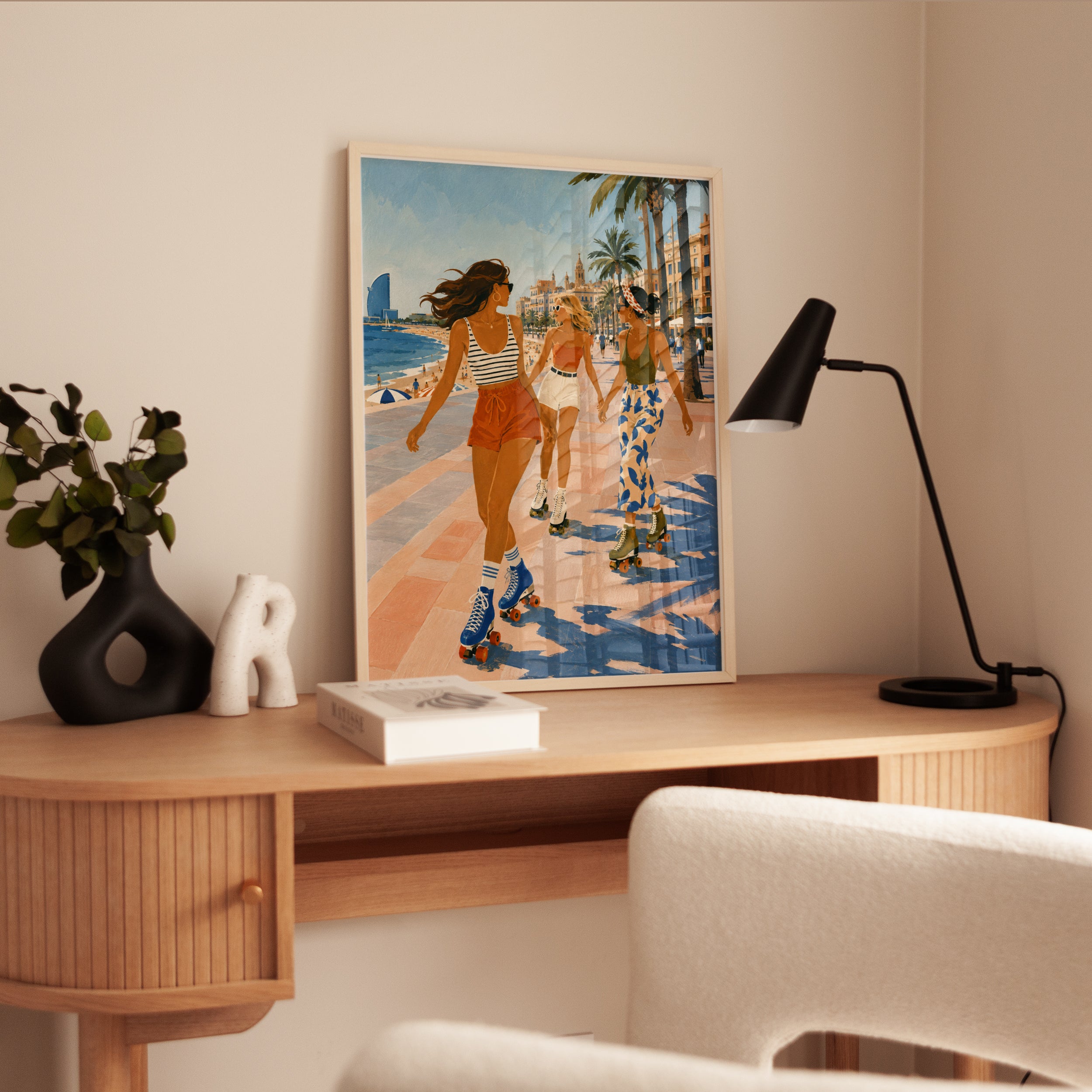 Roller Skating Girls Mediterranean Beach Art Print: Vintage Summer - interior