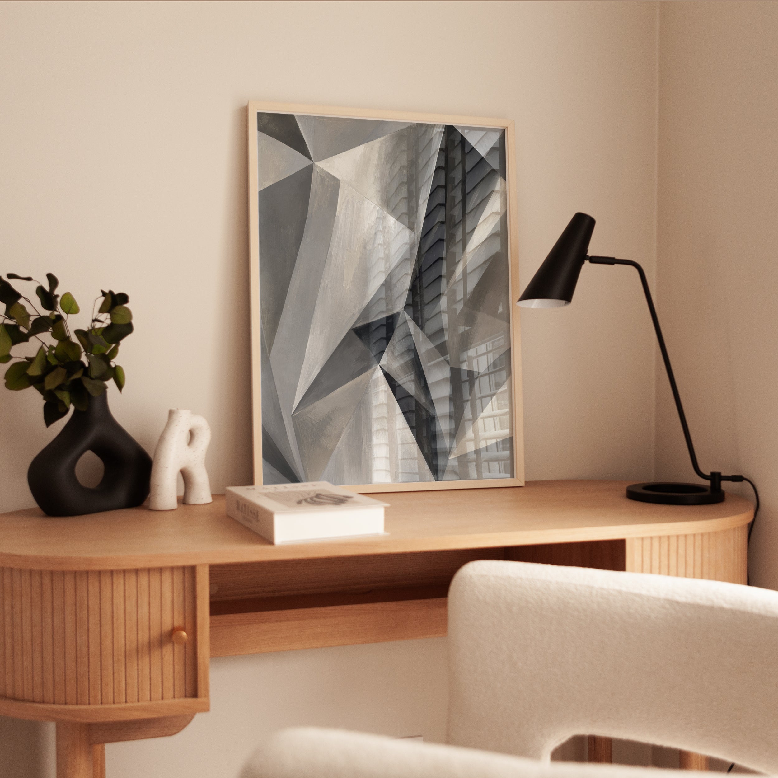 Geometric Abstract Art Print: Monochrome Cubist Composition - interior