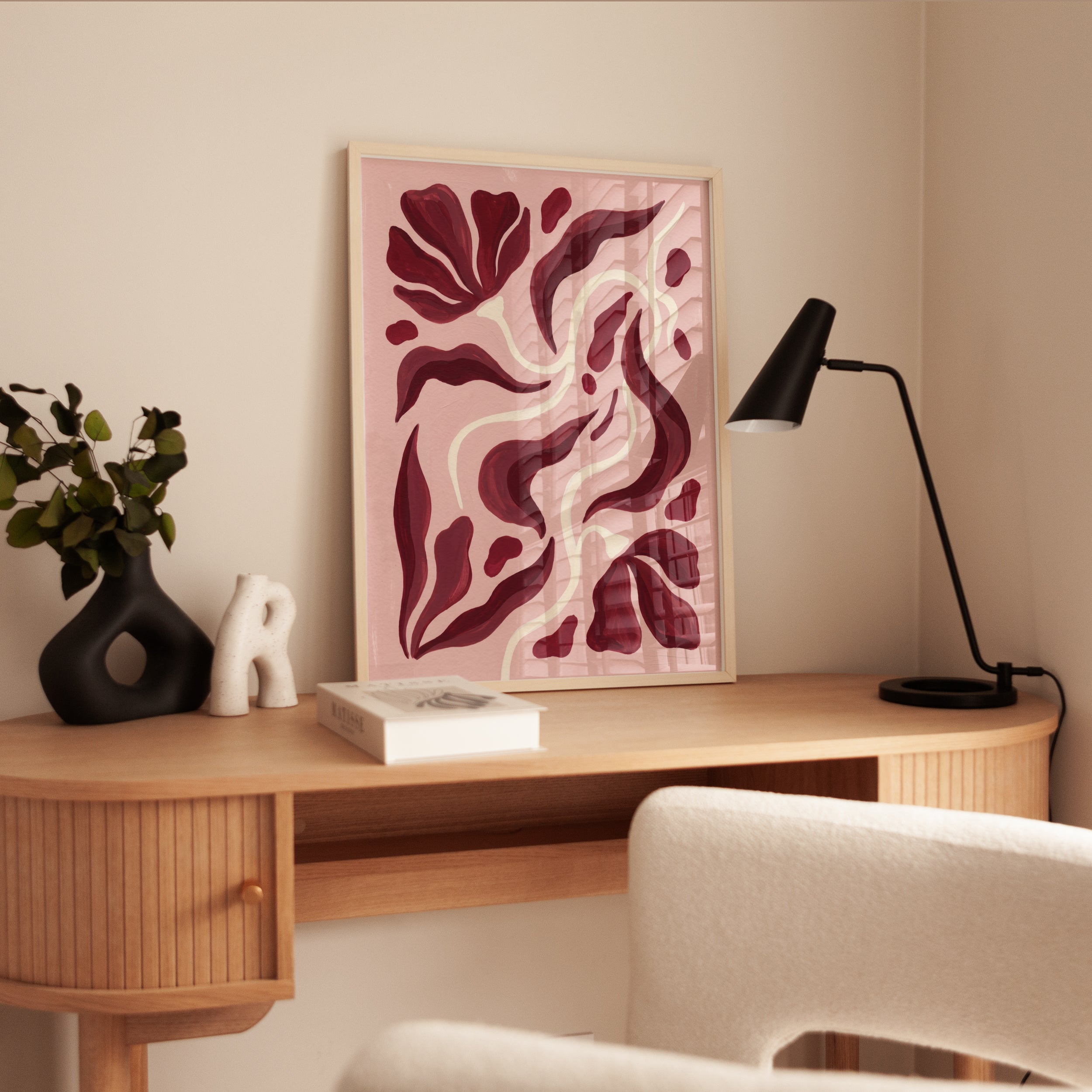 Mid Century Modern Wall Art: Pink Burgundy Organic Shapes - interior