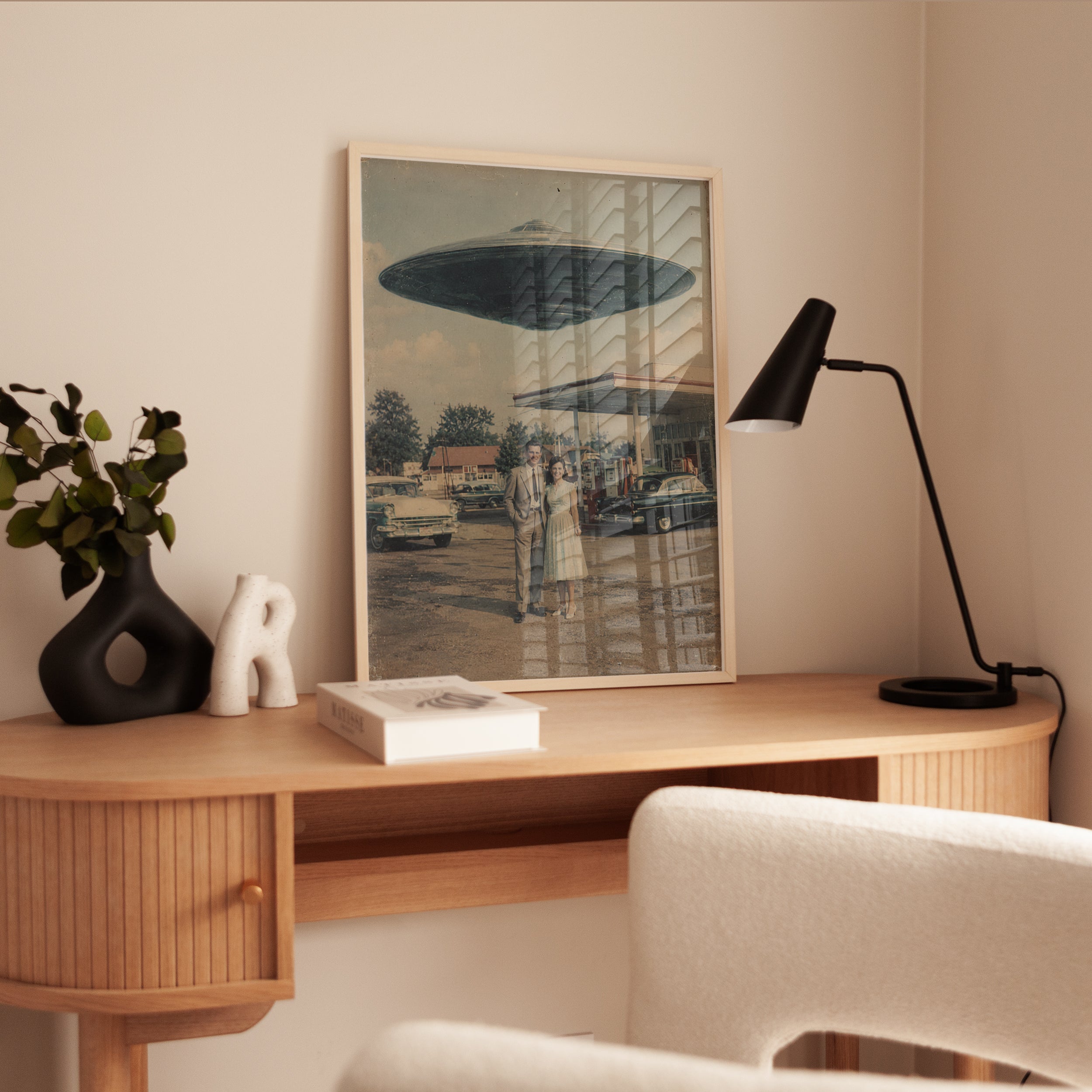 Vintage UFO Scene Wall Art: Retro 1950s Gas Station Sci-Fi Print - interior