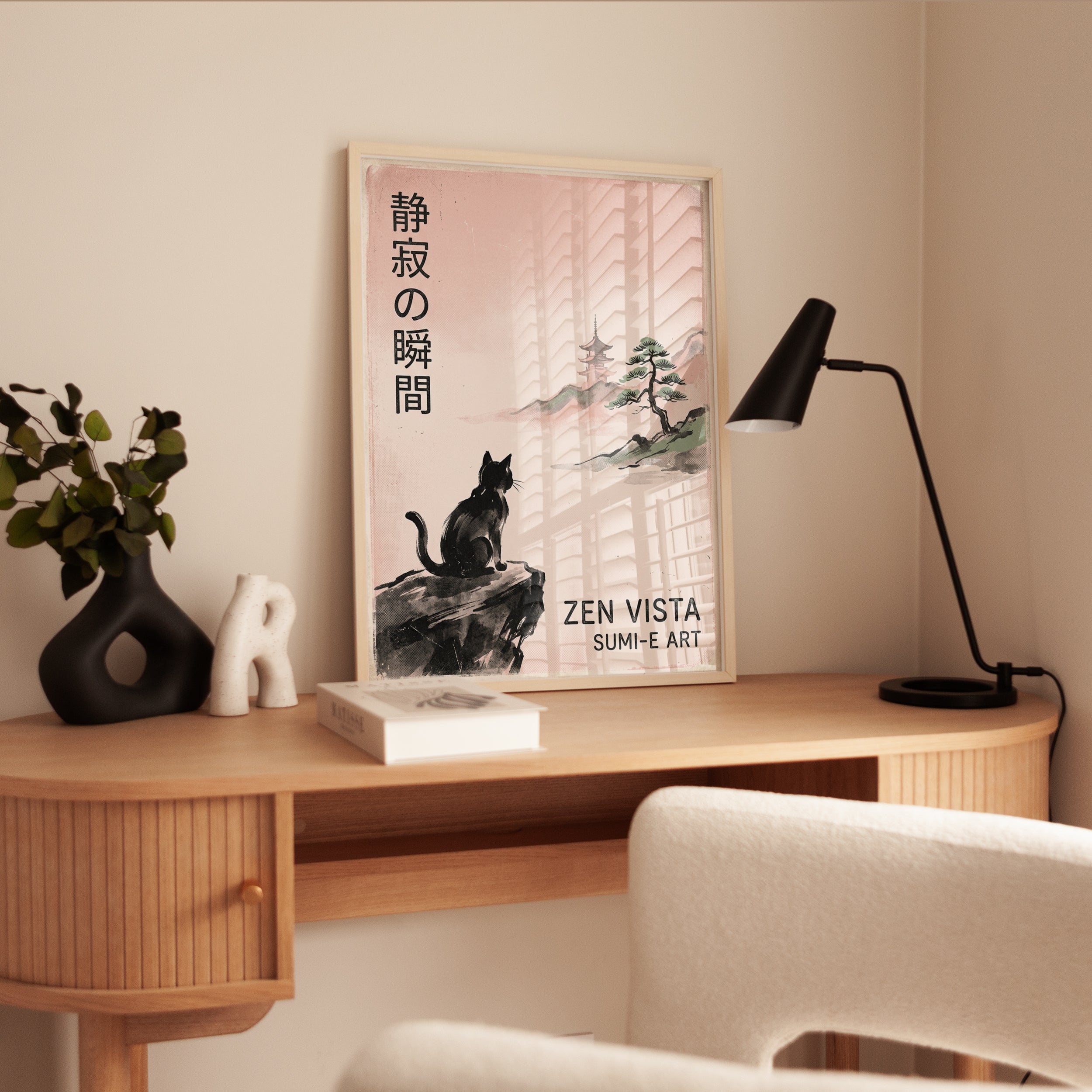 Japanese Cat Sumi-e Print: Zen Landscape with Pagoda Art - interior
