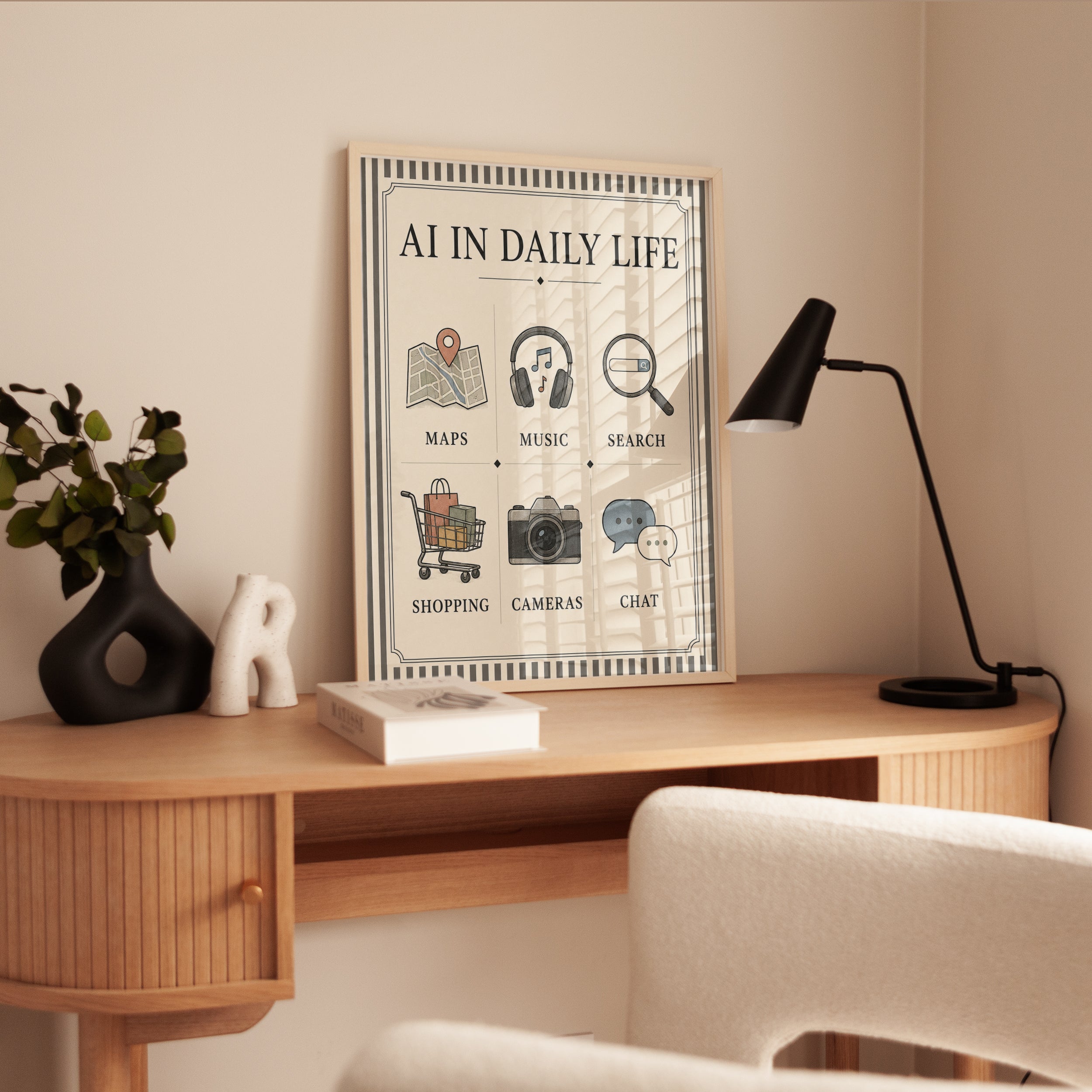 AI In Daily Life Poster: Vintage Technology Infographic Print - interior