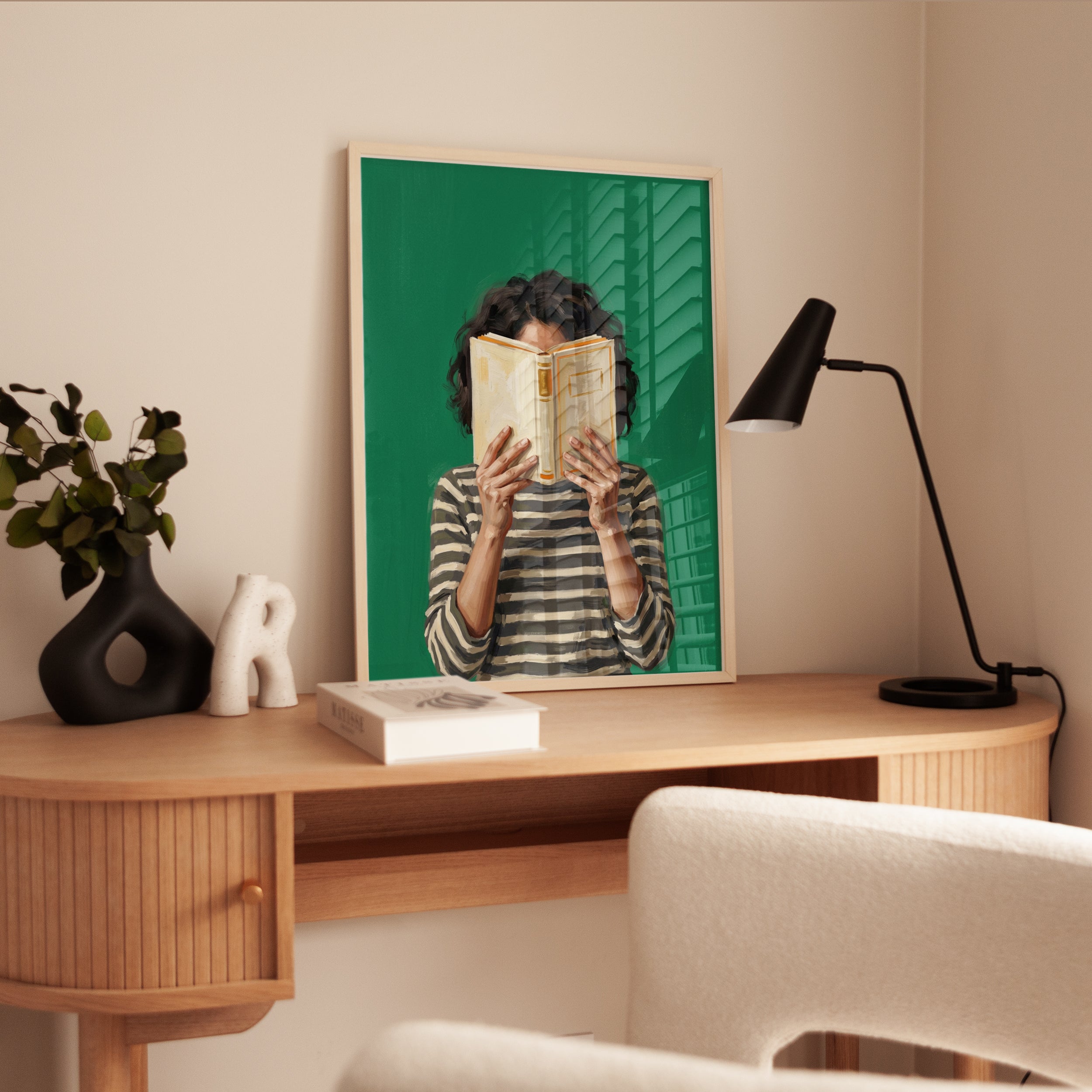 Book Reader Portrait: Contemporary Green Background Wall Art - interior