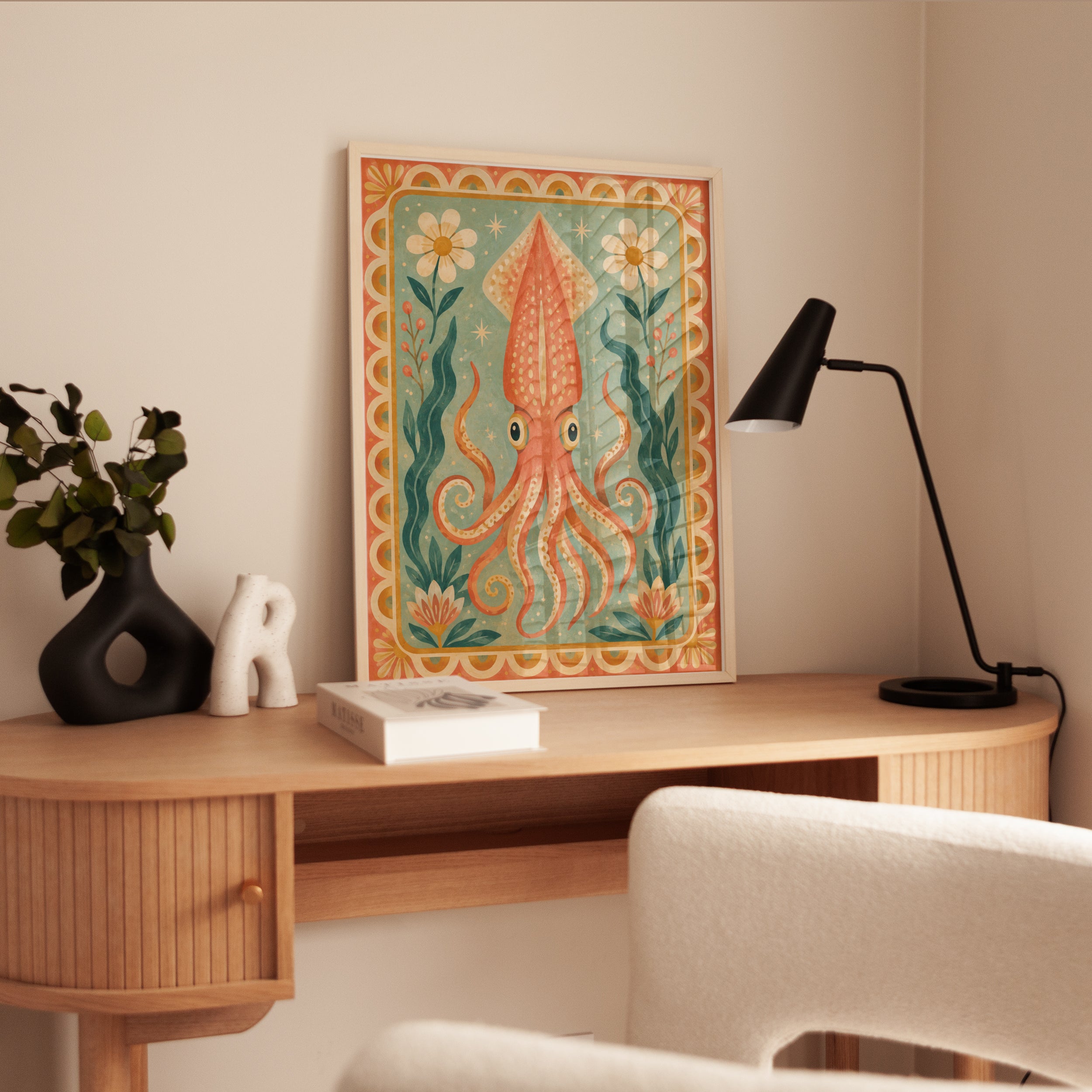 Folk Art Squid Print – Retro Ocean Wall Art - interior